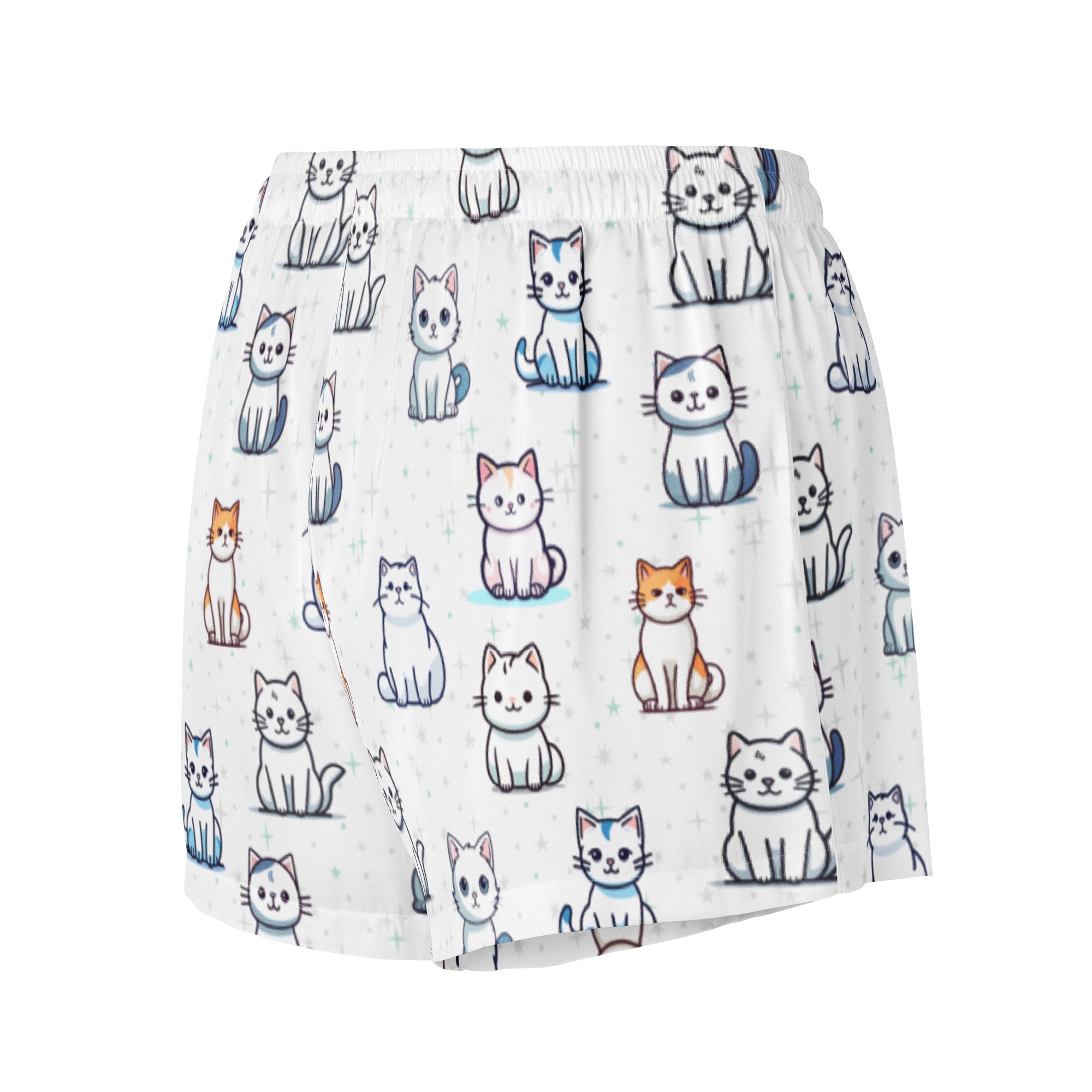 Women’s white silky pajama shorts with colorful cartoon cat pattern lightweight relaxed fit with drawstring waist