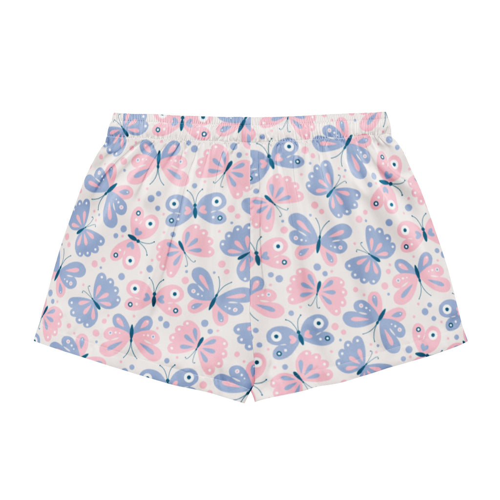 Women’s butterfly silky pajama shorts in pink and blue with a soft stretchy elastic waistband for lightweight comfort