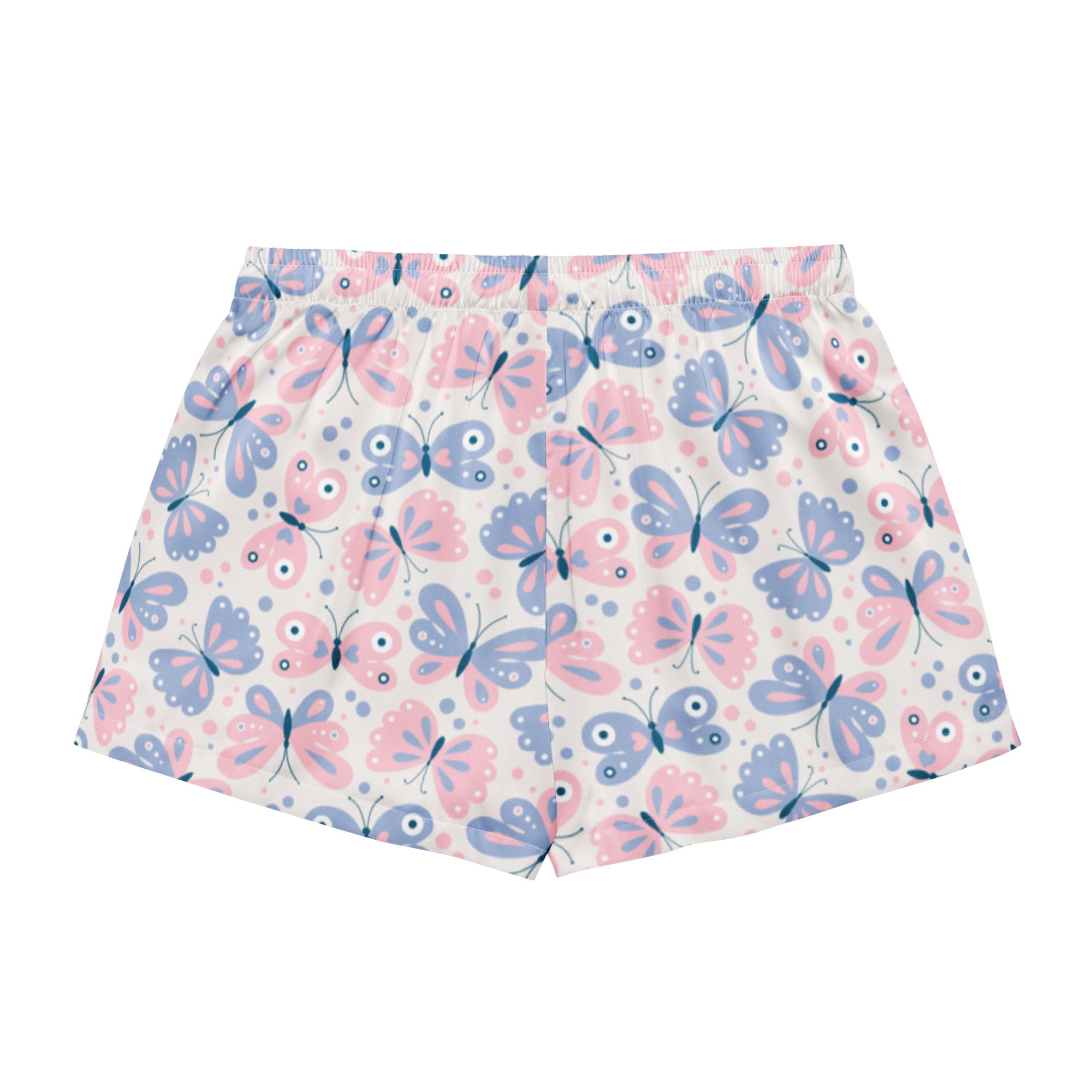 Women’s butterfly silky pajama shorts in pink and blue with a soft stretchy elastic waistband for lightweight comfort