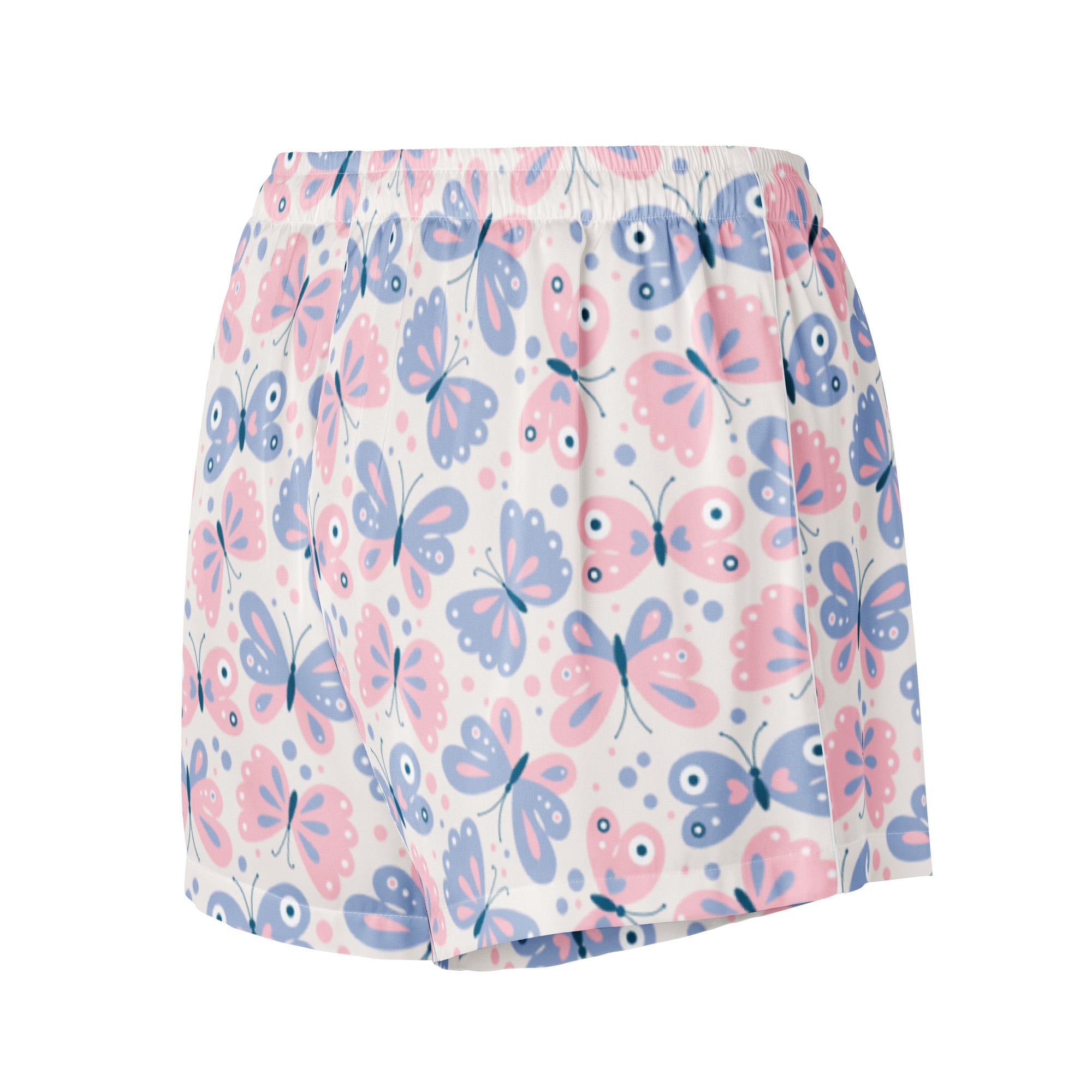 Women’s silky pajama shorts in white with pink and blue butterfly patterns lightweight relaxed fit with drawstring waist