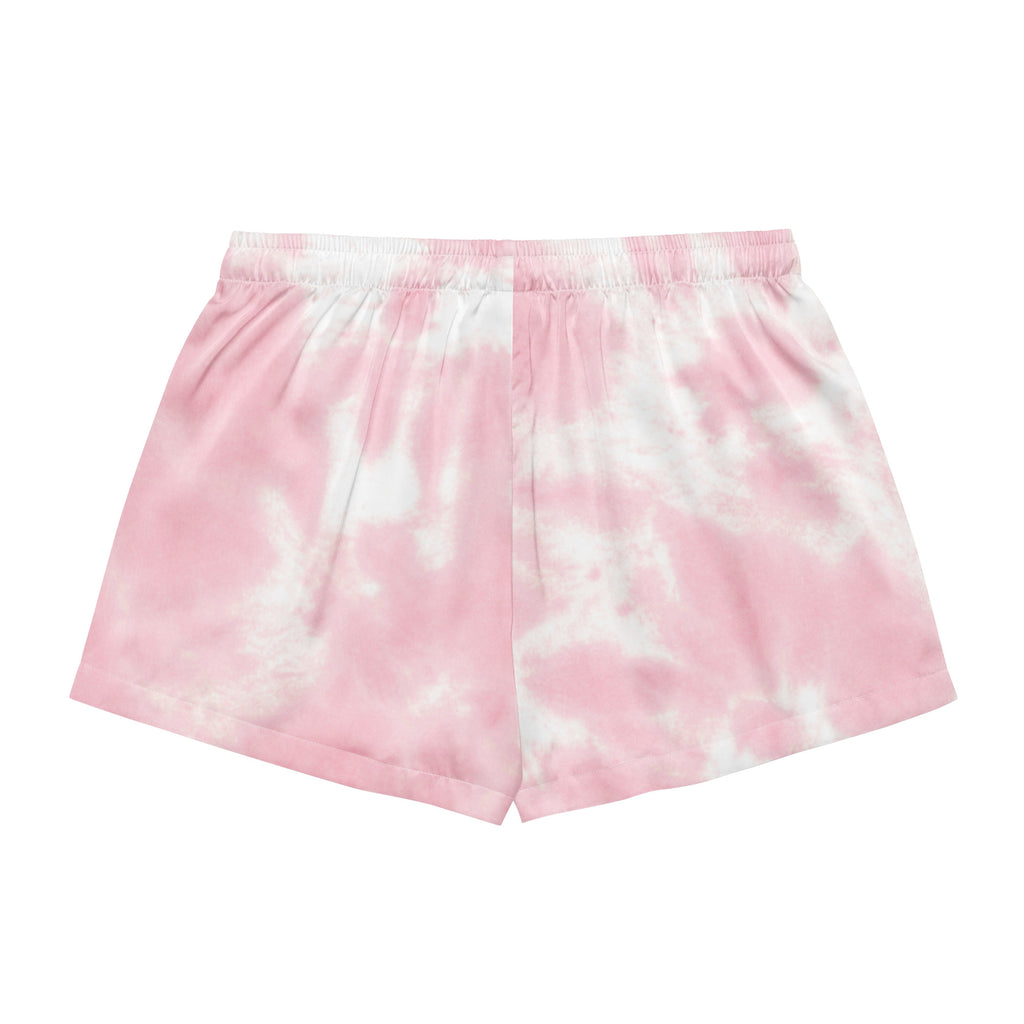 Women’s pink and white tie dye silky pajama shorts with elastic waistband and lightweight relaxed fit
