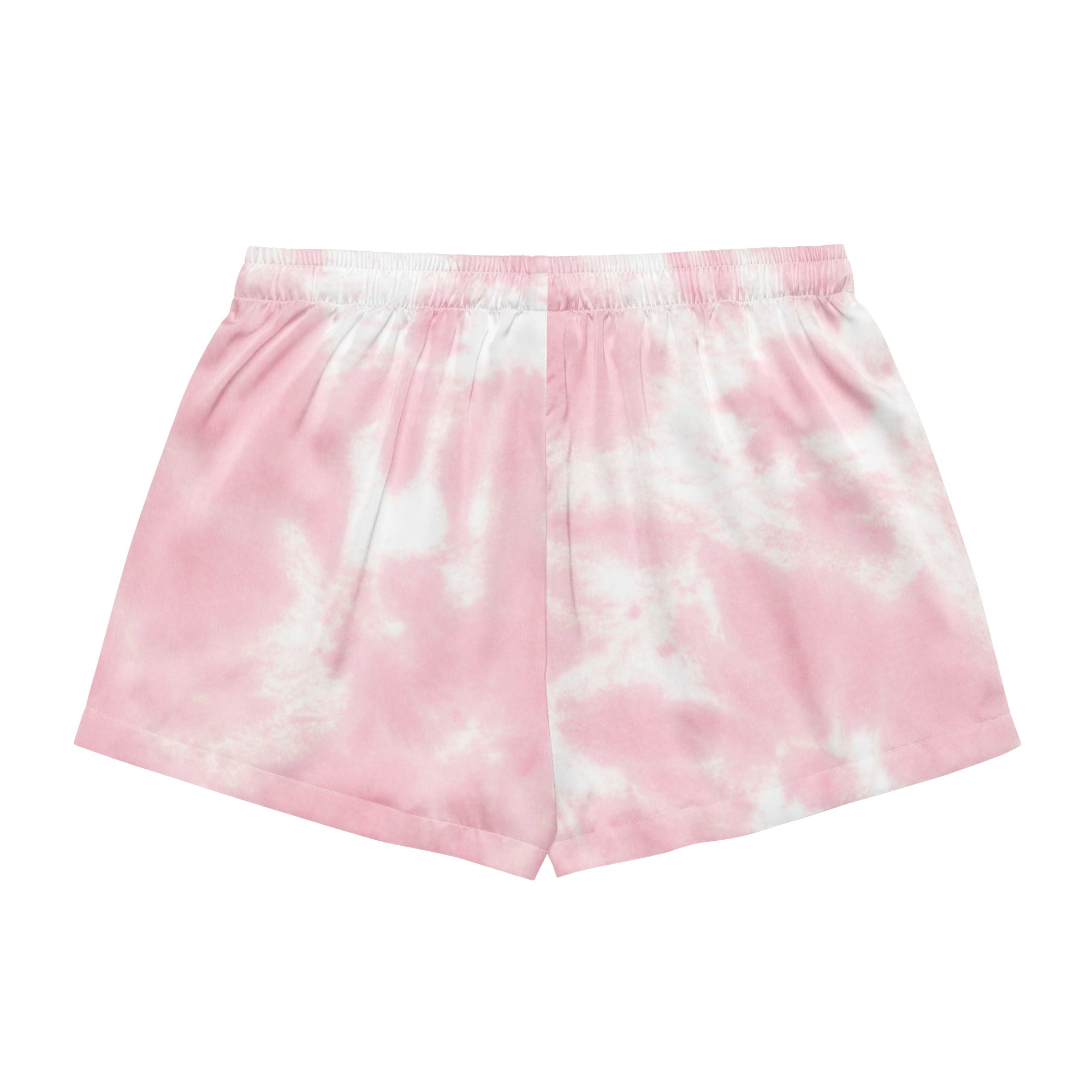 Women’s pink and white tie dye silky pajama shorts with elastic waistband and lightweight relaxed fit