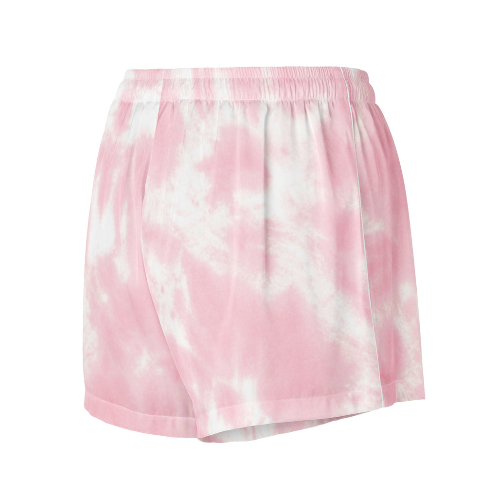 Women’s pink and white tie dye silky pajama shorts with elastic waistband and lightweight relaxed fit for comfort
