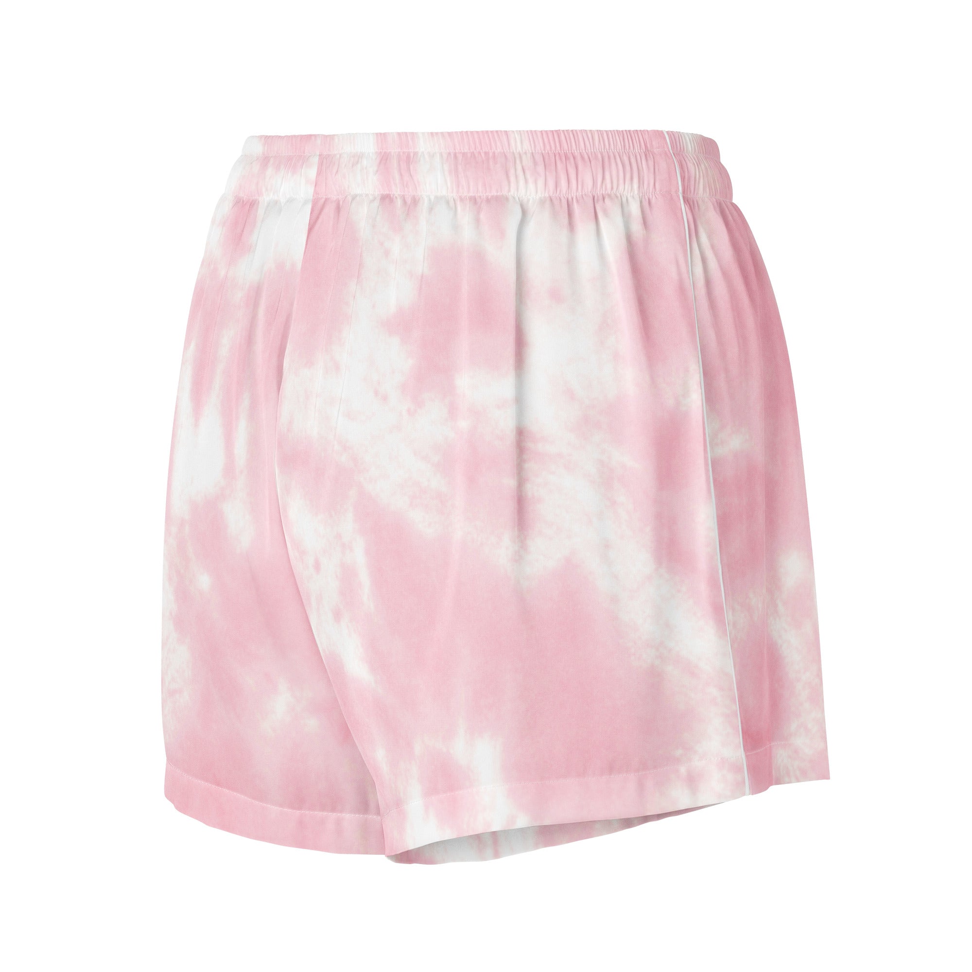 Women’s pink and white tie dye silky pajama shorts with elastic waistband and lightweight relaxed fit for comfort