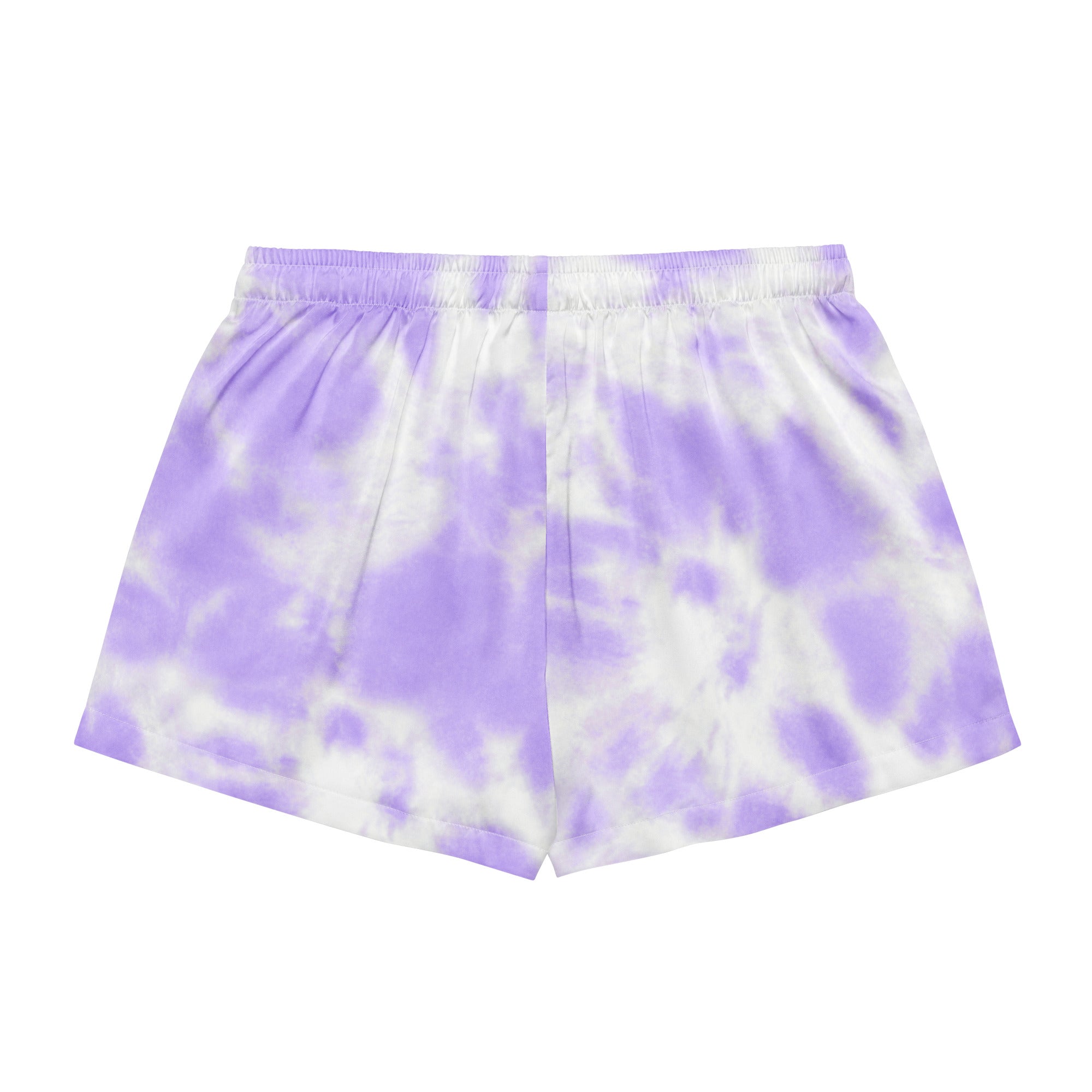 Women’s purple and white tie dye silky pajama shorts with elastic waistband lightweight relaxed fit and drawstring waist