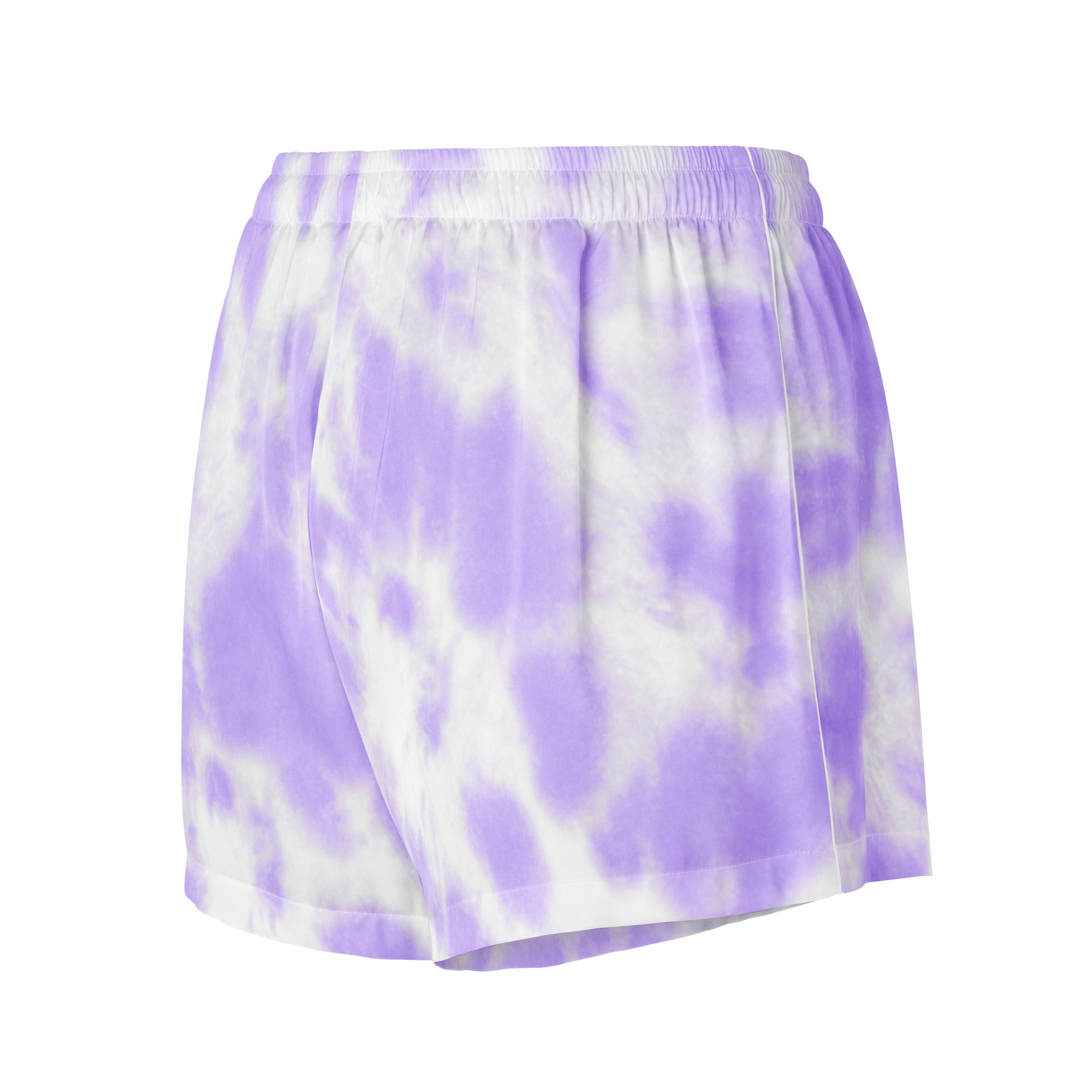 Women’s purple and white tie dye silky pajama shorts with elastic waistband lightweight relaxed fit and drawstring waist