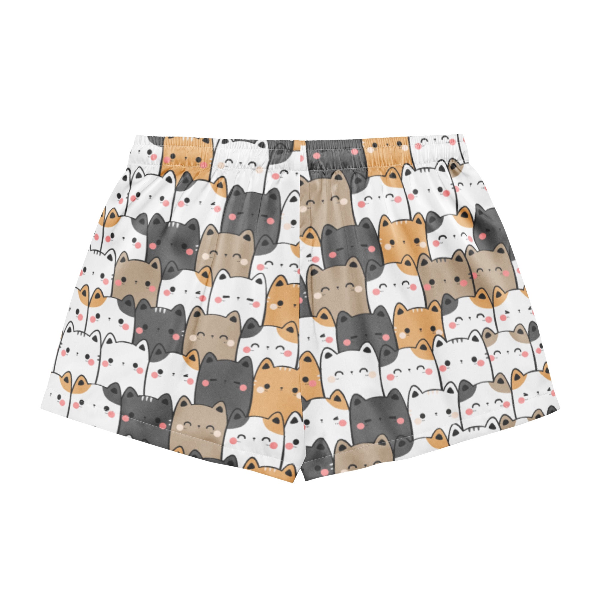 White boxer shorts with a playful multicolor cartoon cat pattern in a lightweight silky material with drawstring waist
