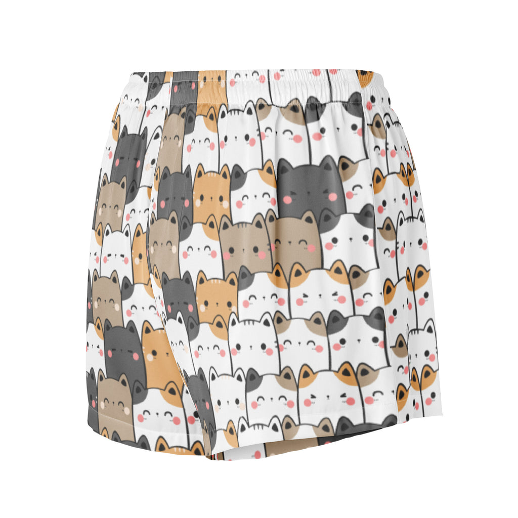 White silky women’s kawaii cat pajama shorts with playful multicolor cartoon cats and drawstring waist for lightweight comfort