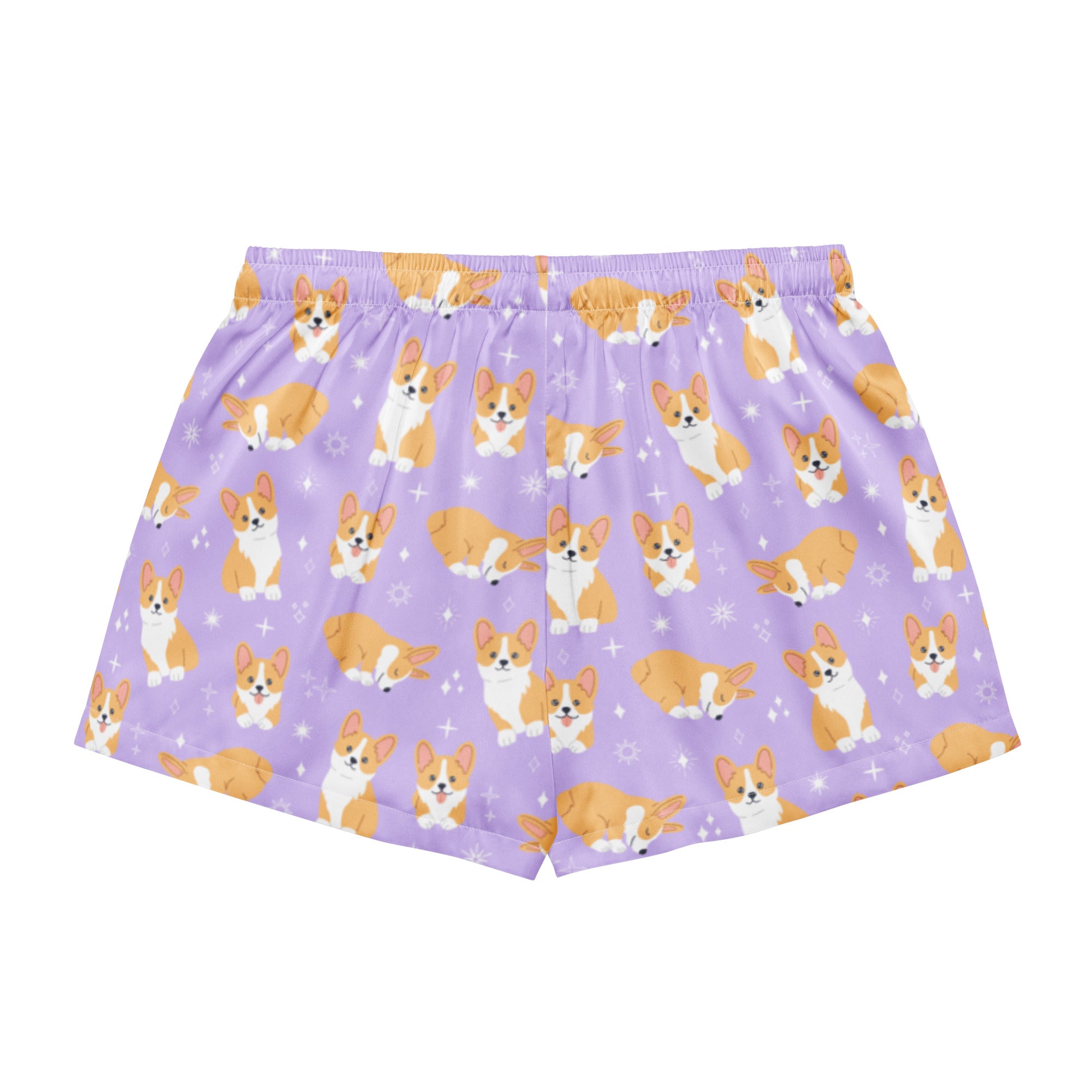 Women’s purple silky pajama boxer shorts with playful orange and white corgi pattern and small star accents