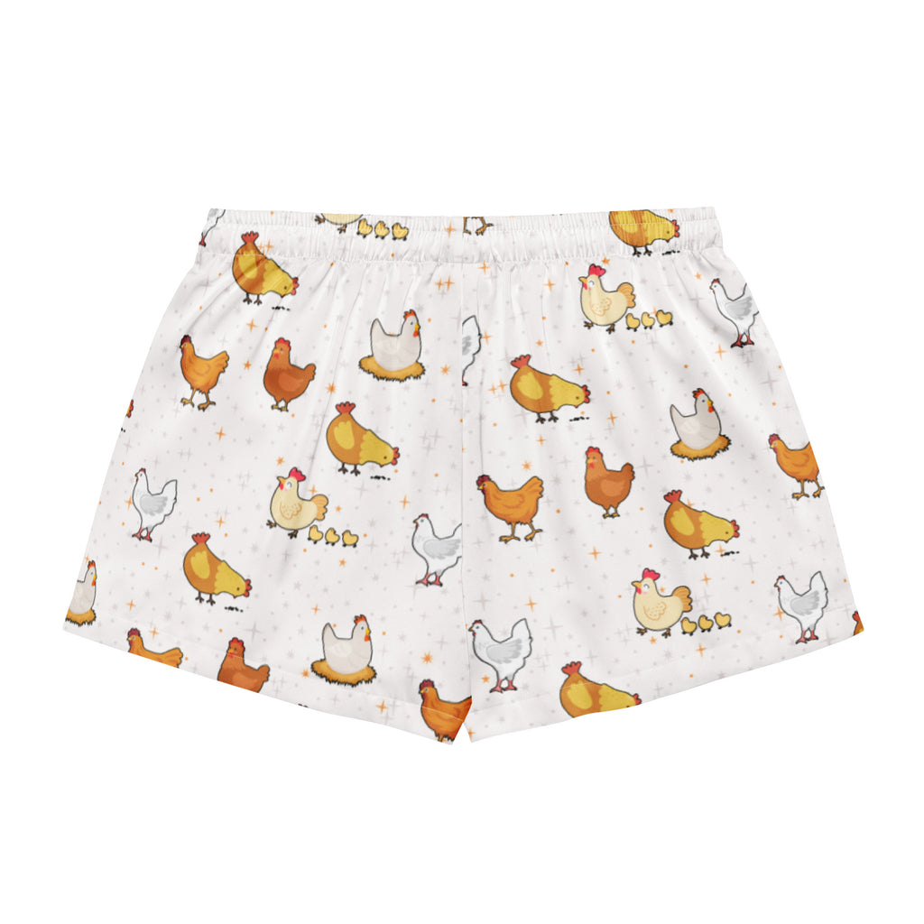 White cotton women’s chicken silky pajama shorts with colorful cartoon chicken pattern lightweight relaxed fit