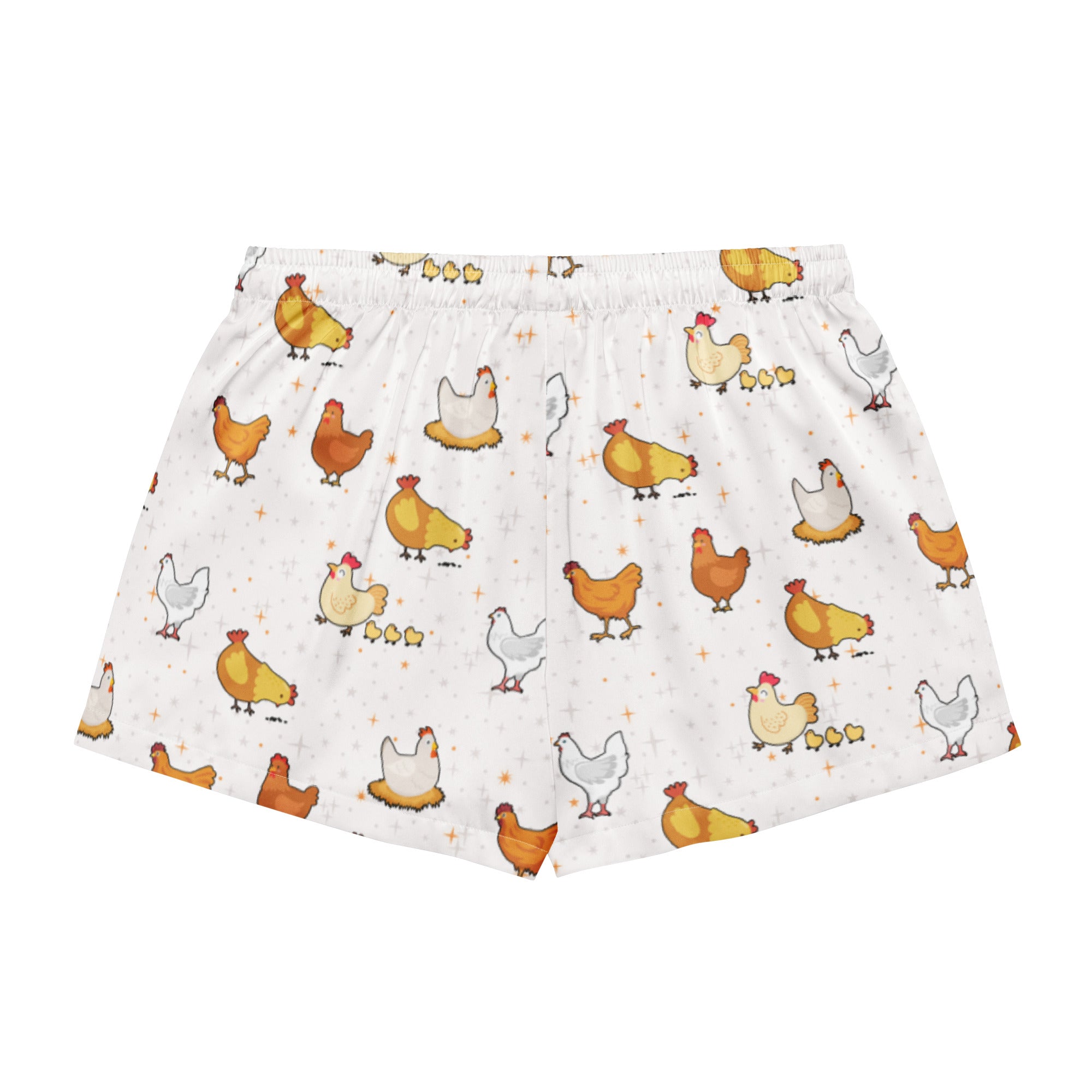 White cotton women’s chicken silky pajama shorts with colorful cartoon chicken pattern lightweight relaxed fit