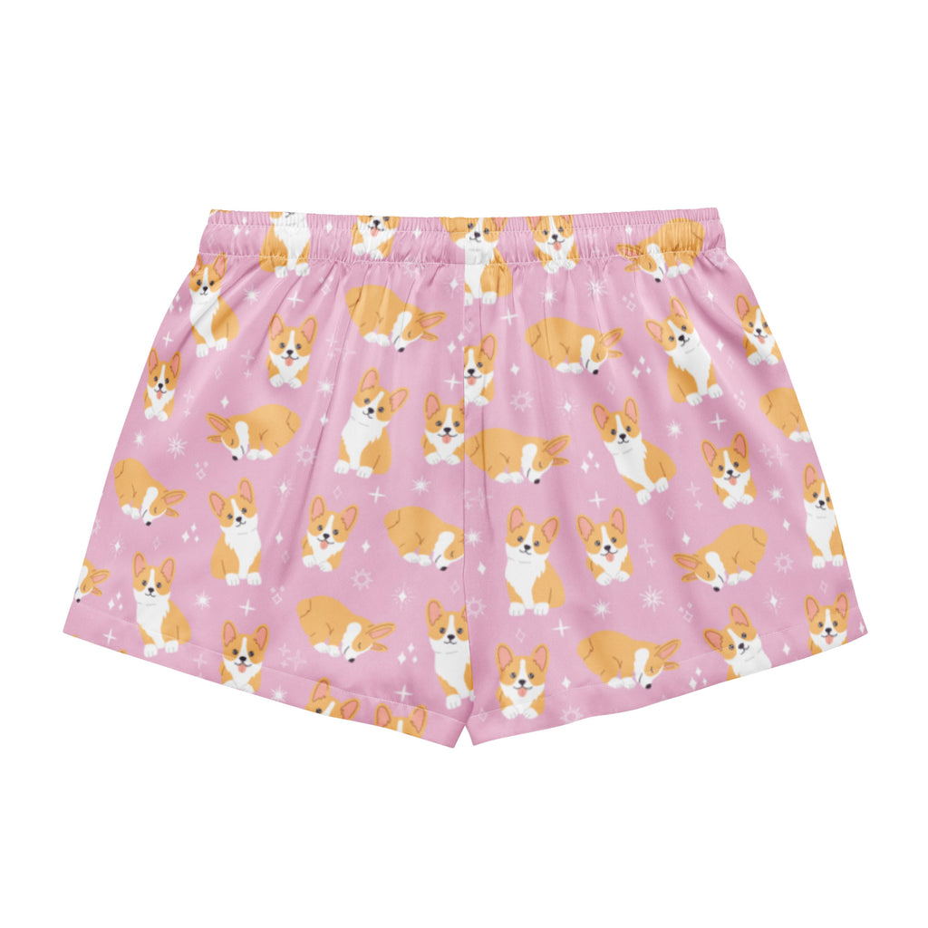 Women’s Pink Corgi Dog Silky Pajama Shorts – Lightweight Relaxed Fit with Drawstring Waist
