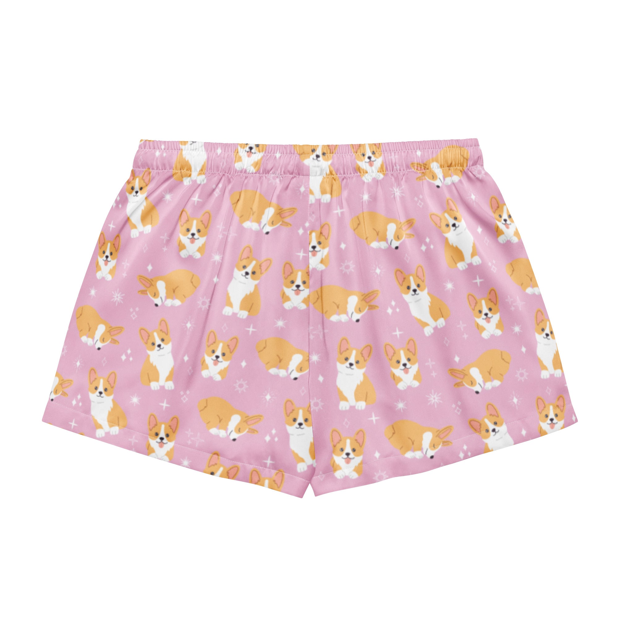 Women’s Pink Corgi Dog Silky Pajama Shorts – Lightweight Relaxed Fit with Drawstring Waist