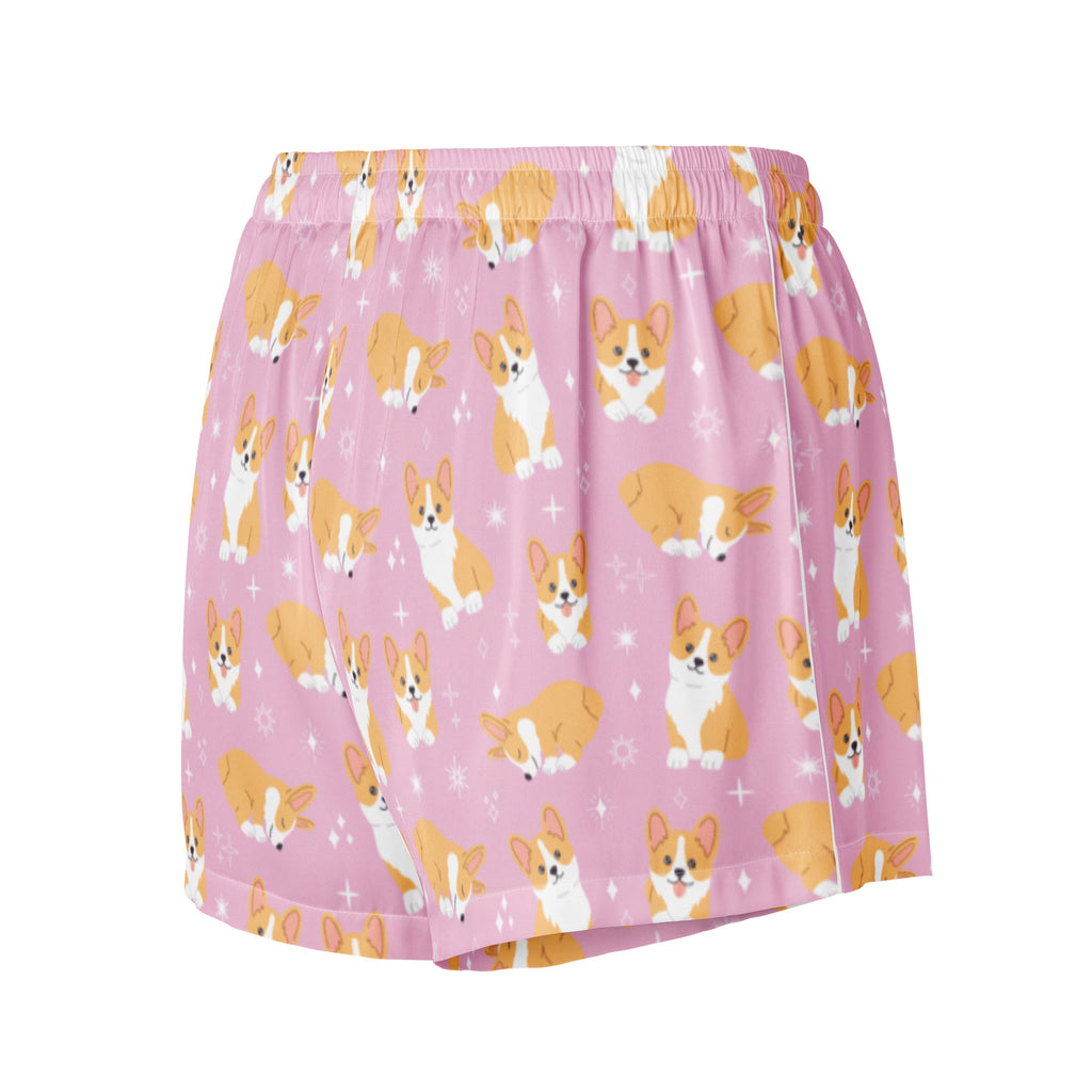 Women’s Pink Corgi Dog Silky Pajama Shorts – Lightweight Relaxed Fit with Drawstring Waist