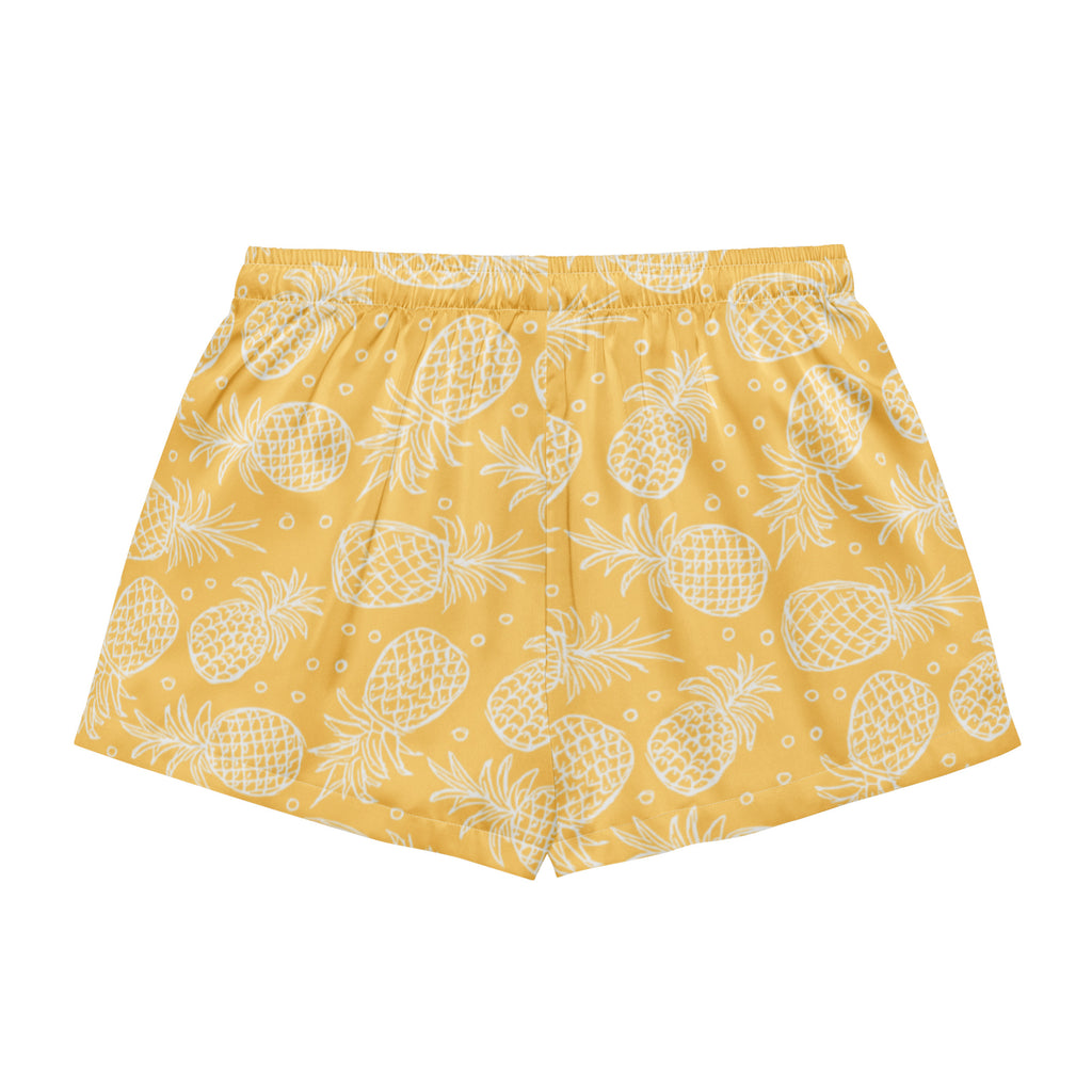 Women’s yellow silky pajama shorts with white pineapple pattern lightweight relaxed fit and drawstring waist