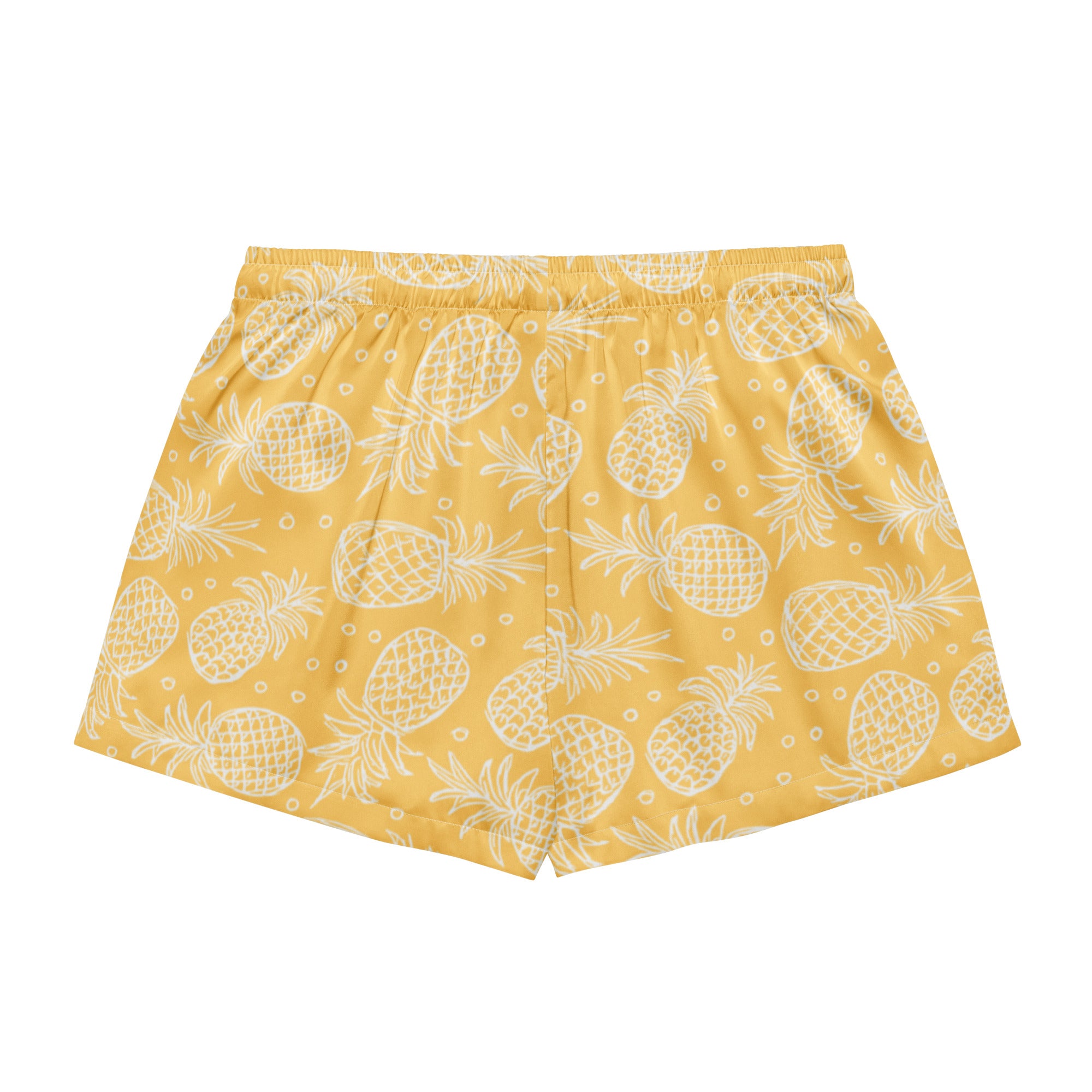 Women’s yellow silky pajama shorts with white pineapple pattern lightweight relaxed fit and drawstring waist