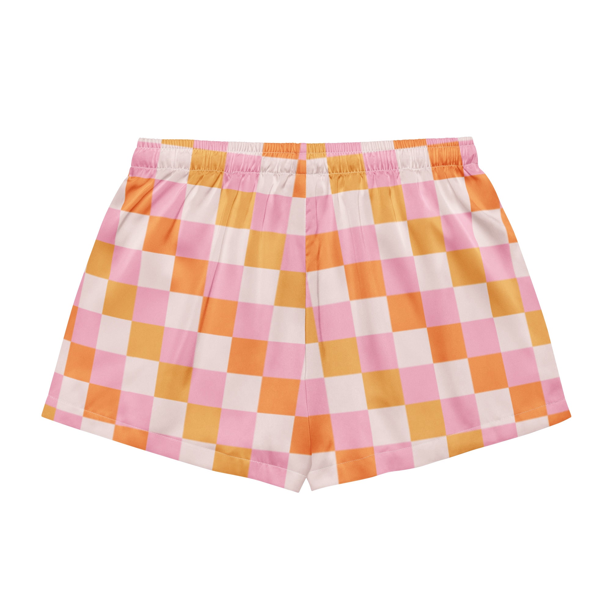 Women’s pastel pink and orange checkered silky pajama shorts with lightweight relaxed fit and elastic waistband
