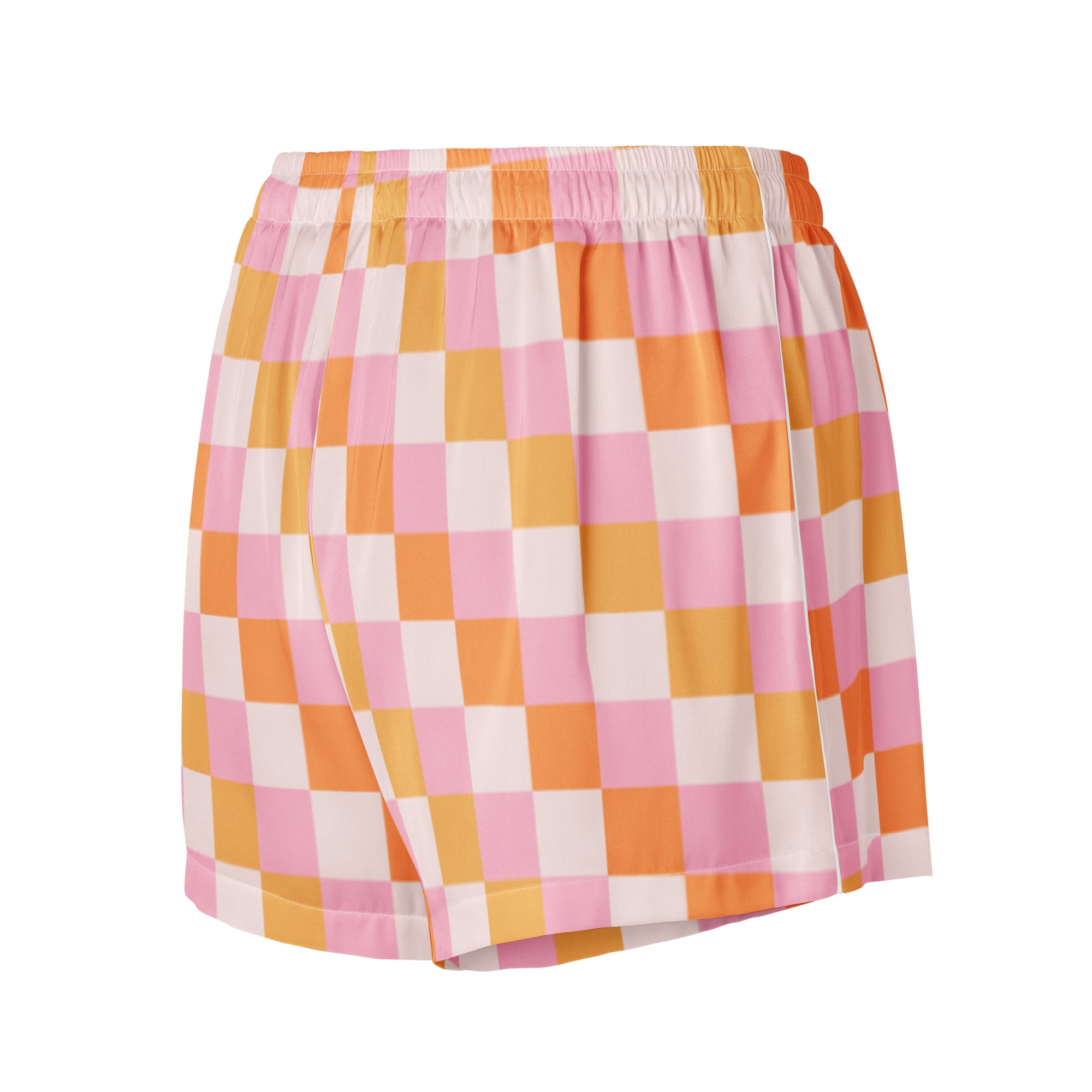 Women’s pink and orange checkered silky pajama shorts with a white elastic waistband and lightweight relaxed fit