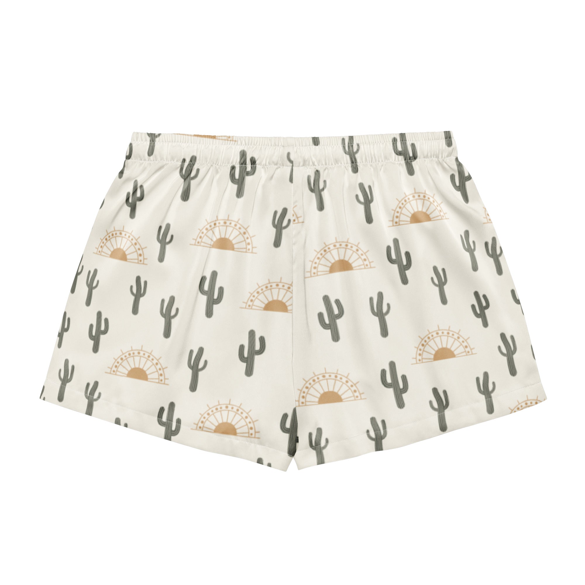 Cream-colored women’s silky pajama shorts with gray cactus and tan sunburst pattern lightweight relaxed fit