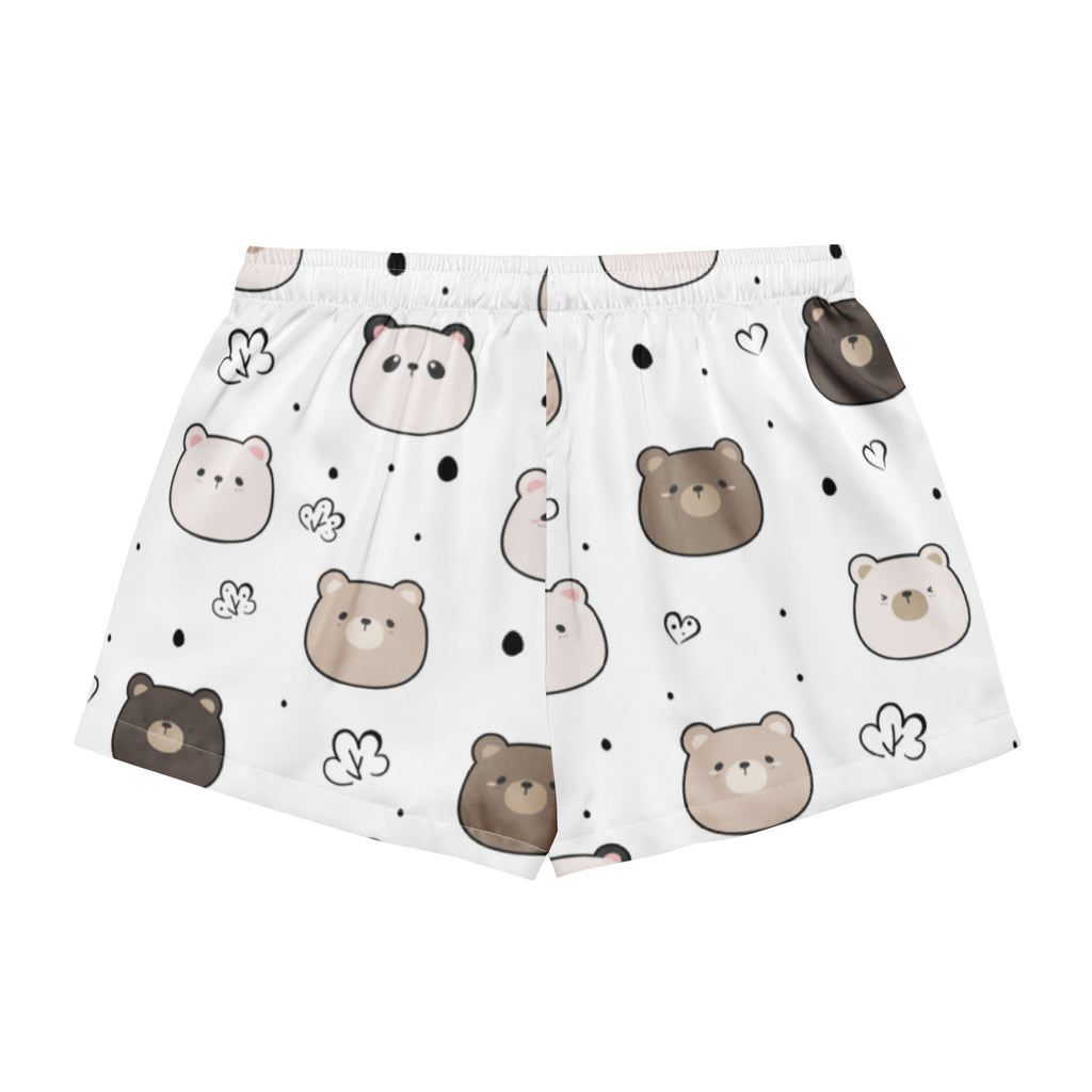Women’s white silky boxer shorts with playful brown bear pattern small hearts and black dots lightweight relaxed fit