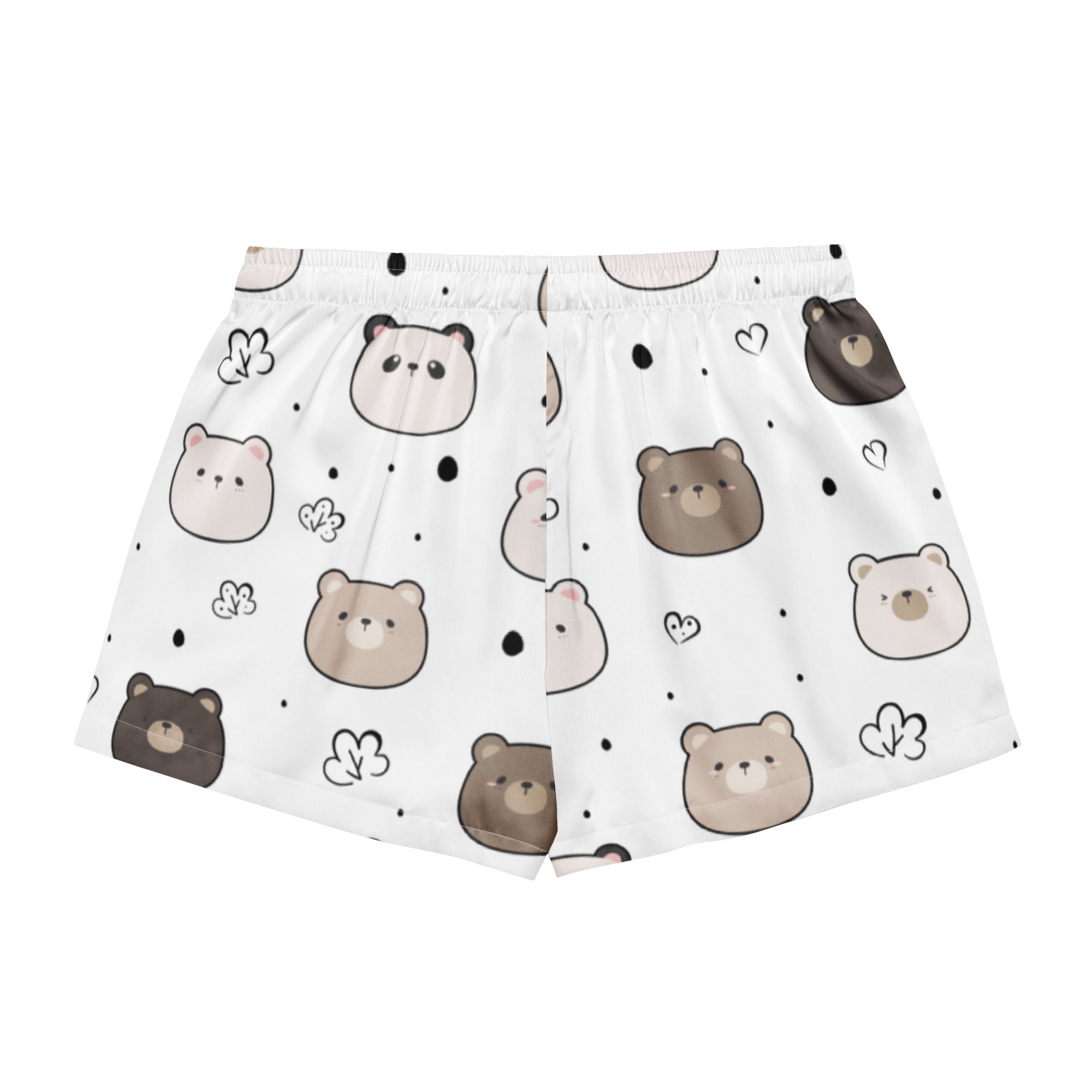 Women’s white silky boxer shorts with playful brown bear pattern small hearts and black dots lightweight relaxed fit