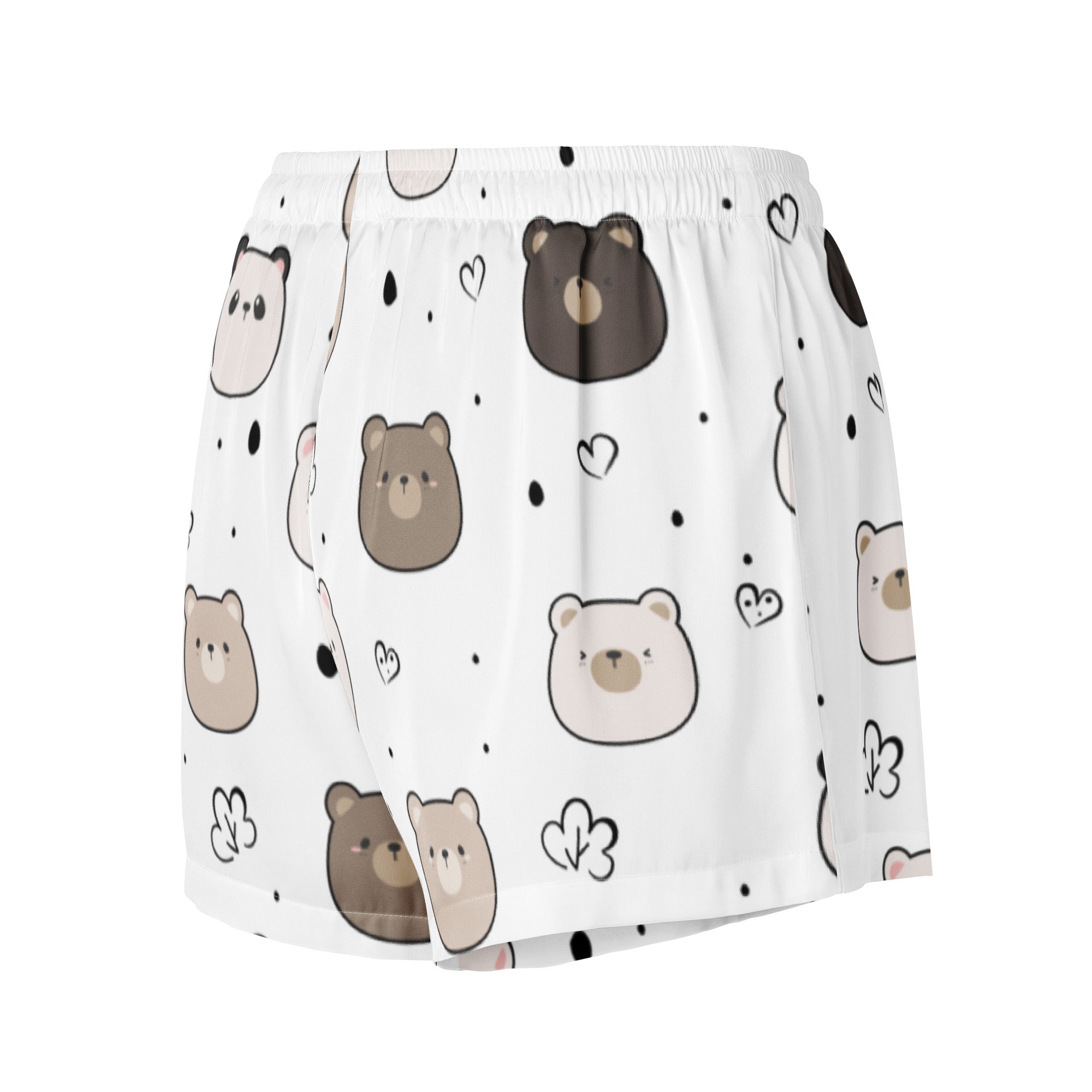 Women’s white silky pajama shorts with playful brown bear pattern black hearts and dots lightweight relaxed fit