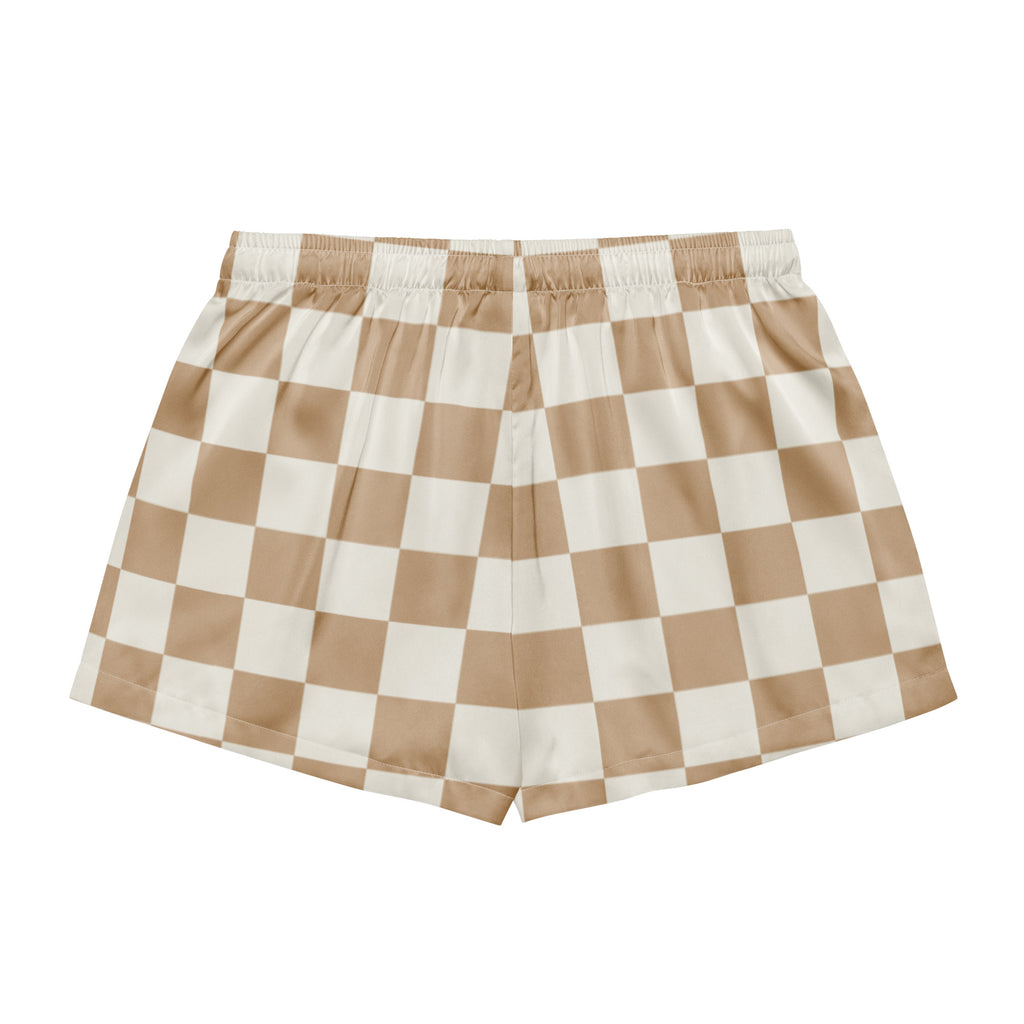 Women’s beige and white checkered silky pajama shorts with elastic waistband lightweight relaxed fit and drawstring waist