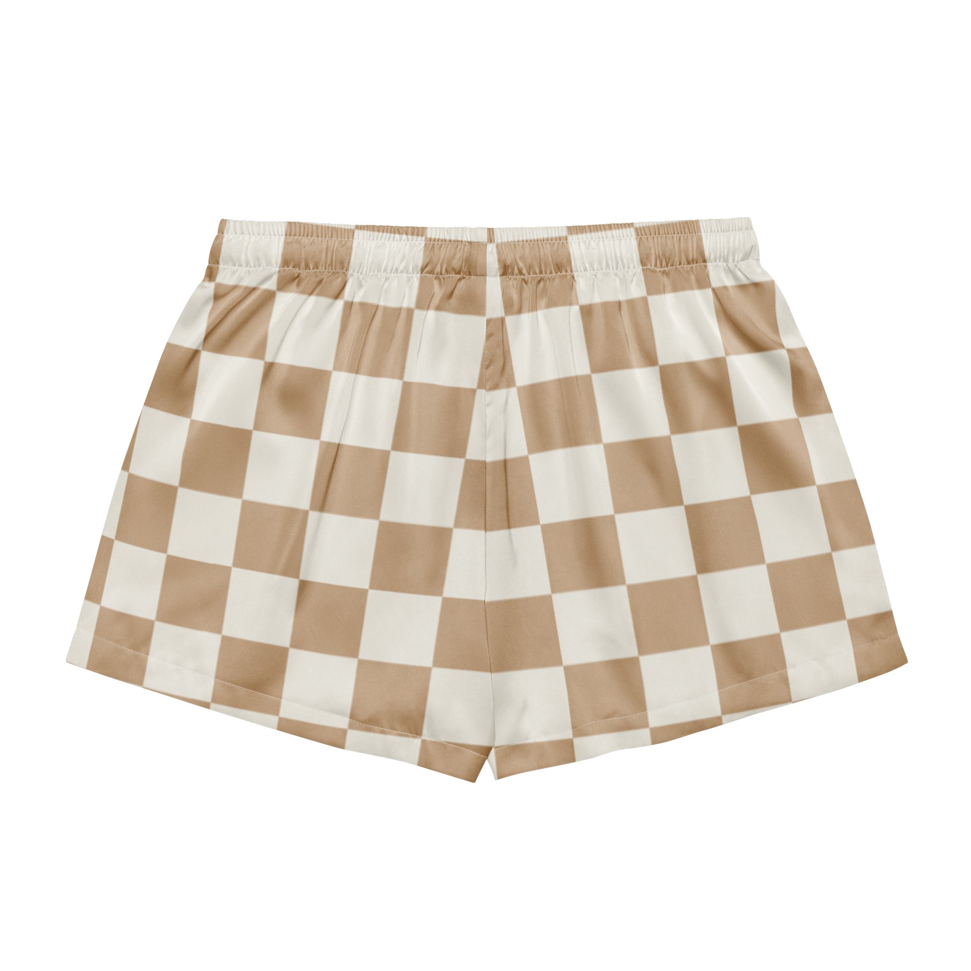 Women’s beige and white checkered silky pajama shorts with elastic waistband lightweight relaxed fit and drawstring waist