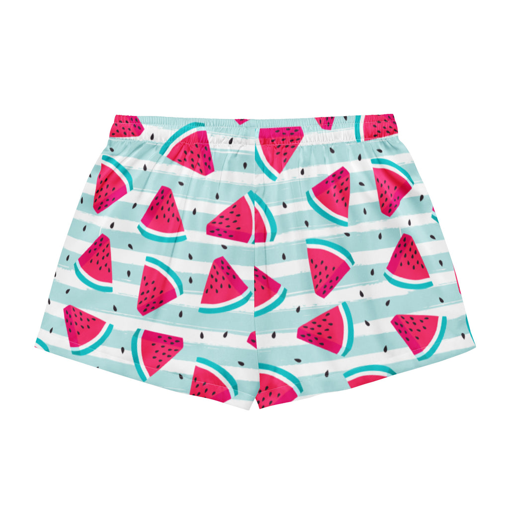 Women’s lightweight silky pajama shorts with a light blue white stripe and vibrant pink watermelon slice print
