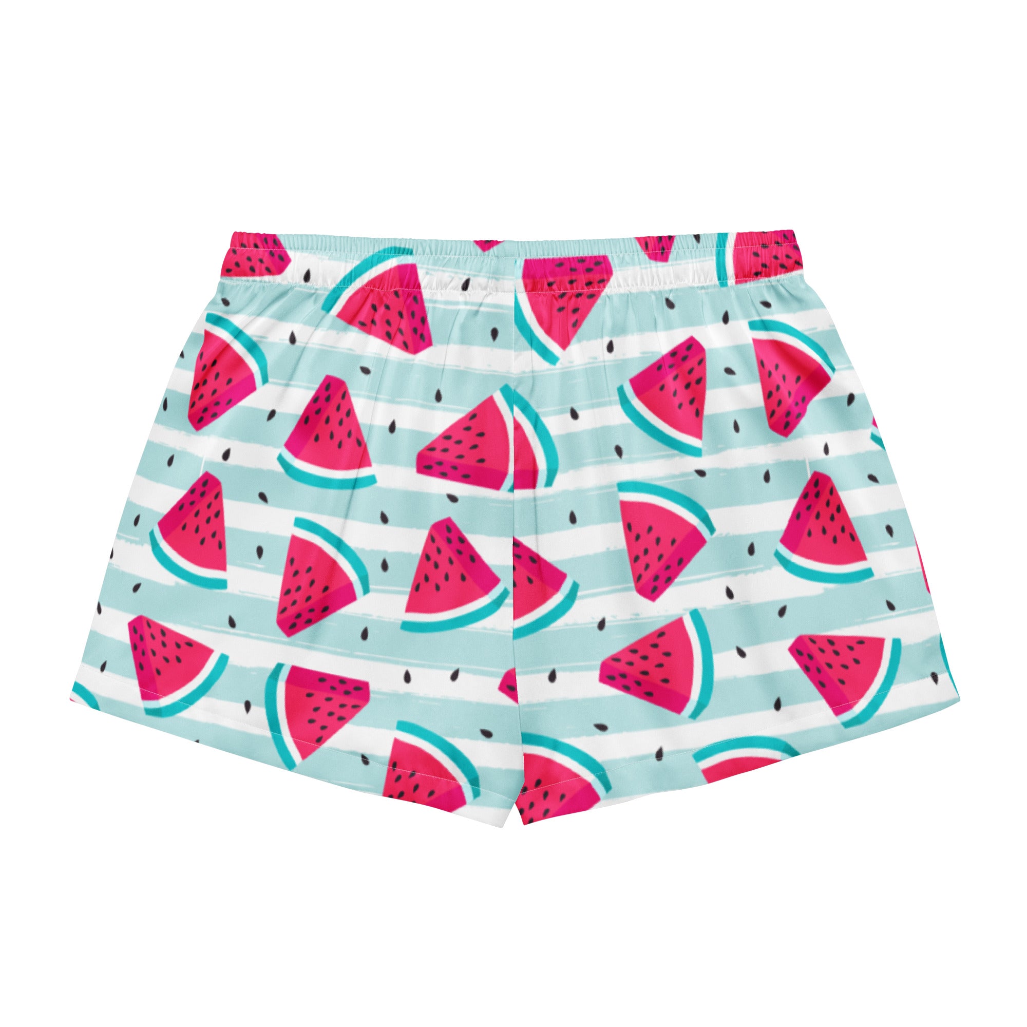 Women’s lightweight silky pajama shorts with a light blue white stripe and vibrant pink watermelon slice print
