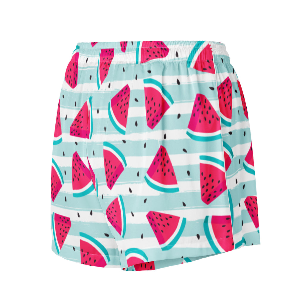 Women’s silky lightweight pajama shorts with a light blue and white striped base and vibrant pink watermelon print