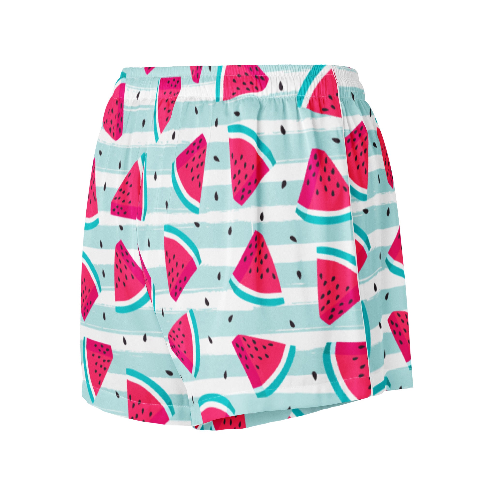 Women’s silky lightweight pajama shorts with a light blue and white striped base and vibrant pink watermelon print