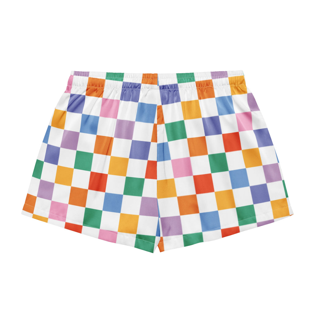 Women’s colorful checkerboard silky pajama shorts with rainbow checkered pattern white base and elastic waistband