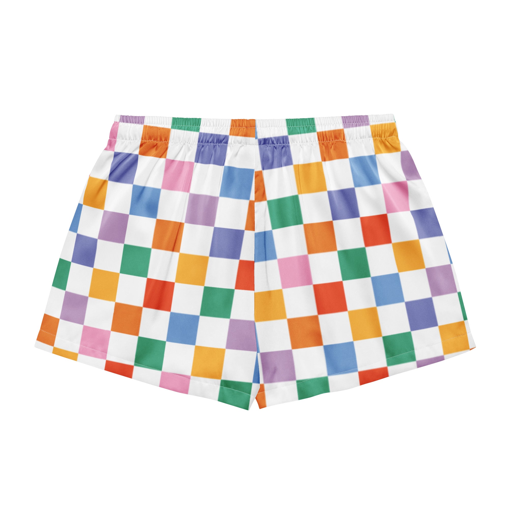 Women’s colorful checkerboard silky pajama shorts with rainbow checkered pattern white base and elastic waistband