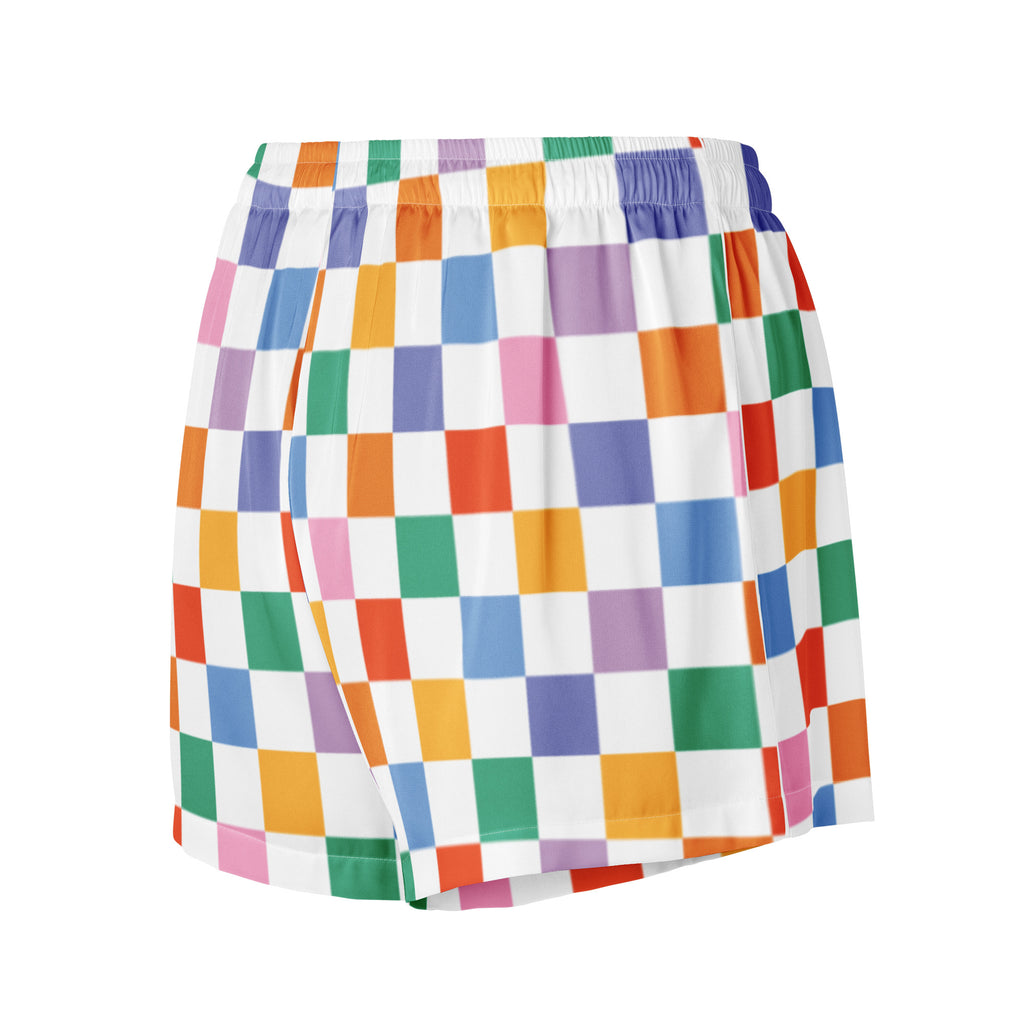 Women’s colorful checkerboard silky pajama shorts with rainbow checkered pattern and white elastic waistband