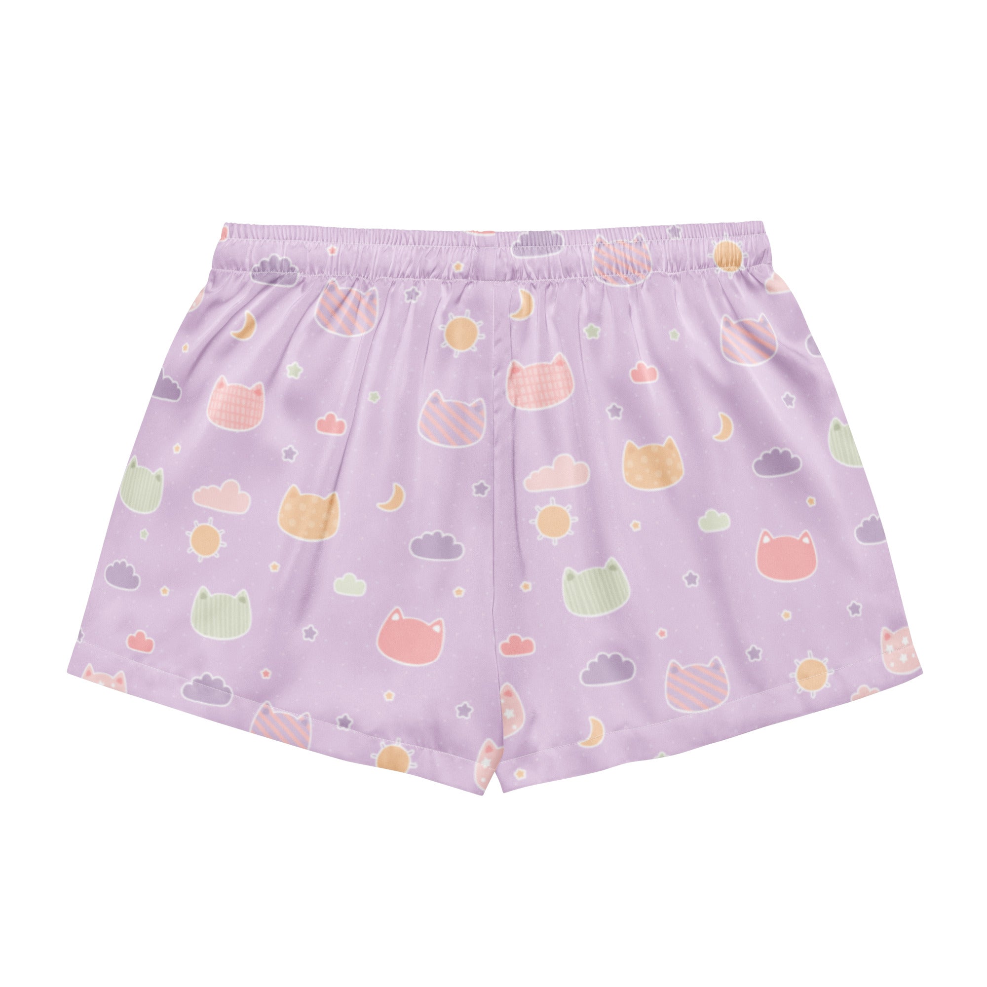 Women’s pastel lavender silky pajama shorts with kawaii pastel cats clouds and moons pattern lightweight relaxed fit