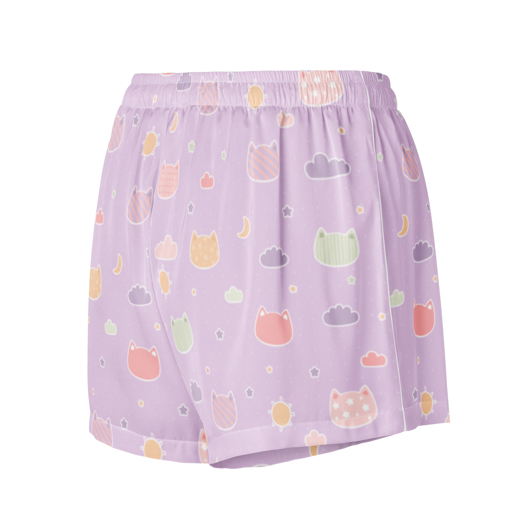 Lavender silky pajama shorts with pastel purple kawaii cats clouds and moons pattern featuring a drawstring waist