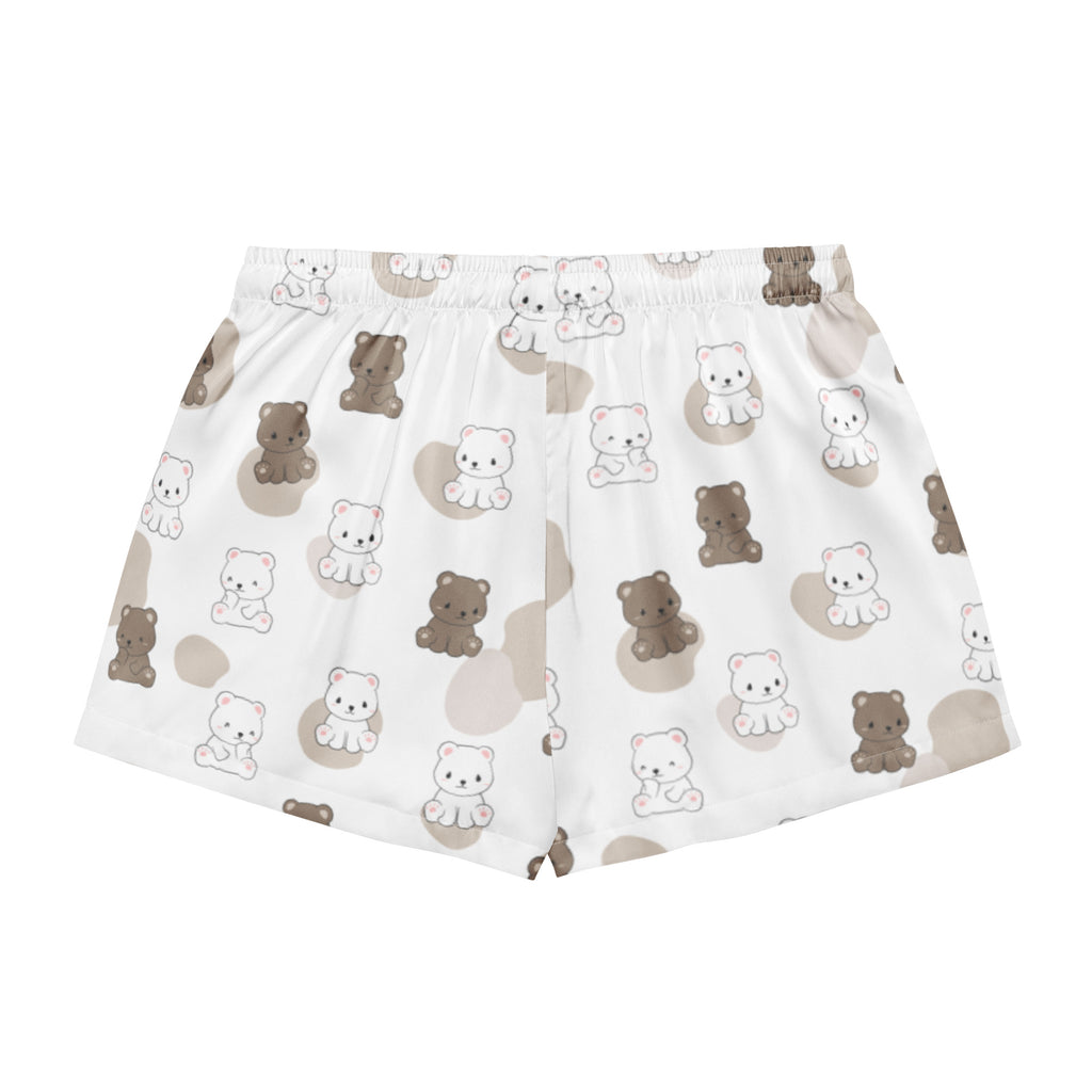 Women’s teddy bear silky pajama shorts with playful brown and white cartoon bear pattern on beige circles, lightweight fit