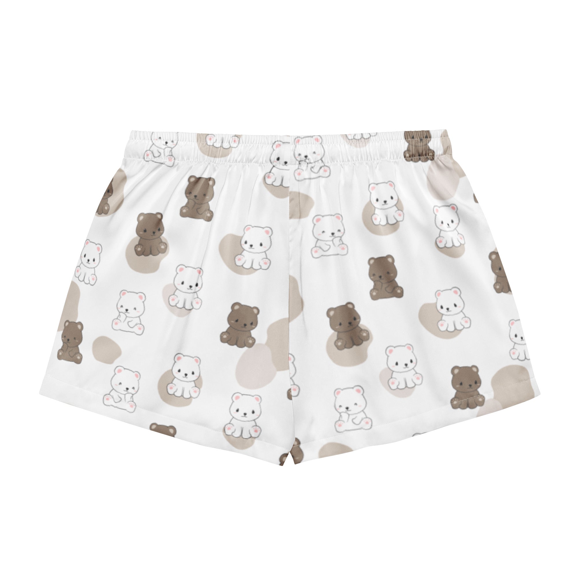 Women’s teddy bear silky pajama shorts with playful brown and white cartoon bear pattern on beige circles, lightweight fit