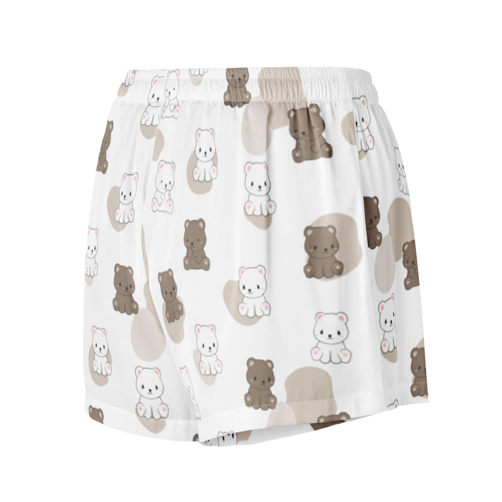Women’s white silky pajama shorts with beige and brown cartoon bear pattern featuring lightweight relaxed fit and drawstring waist