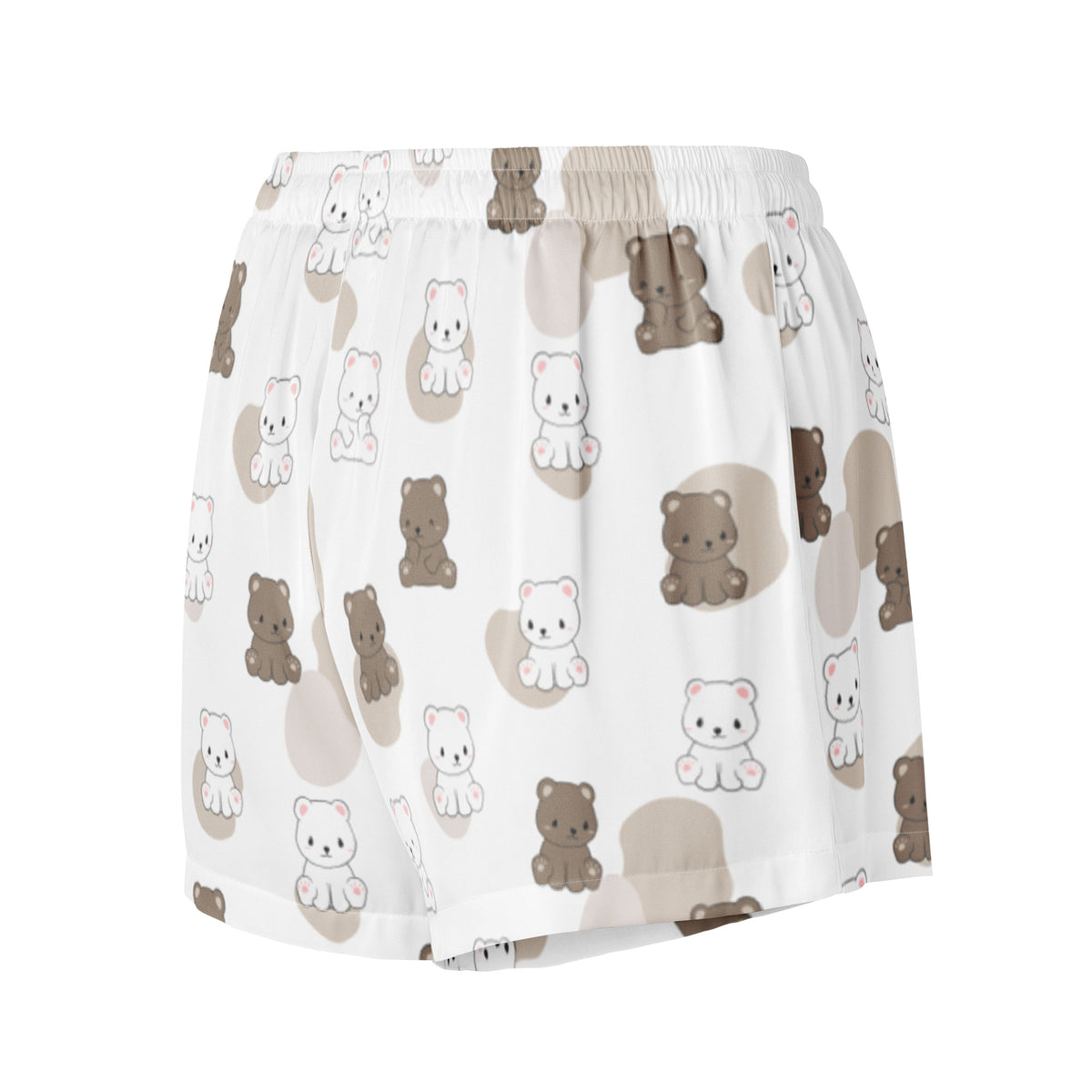 Women’s white silky pajama shorts with beige and brown cartoon bear pattern featuring lightweight relaxed fit and drawstring waist