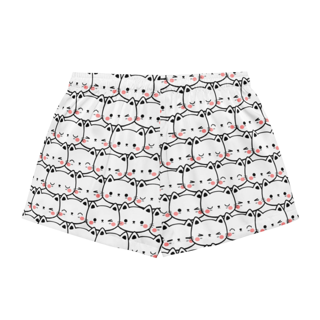 Women’s white silky pajama shorts with black outlined cartoon cats and pink cheeks featuring a drawstring waist
