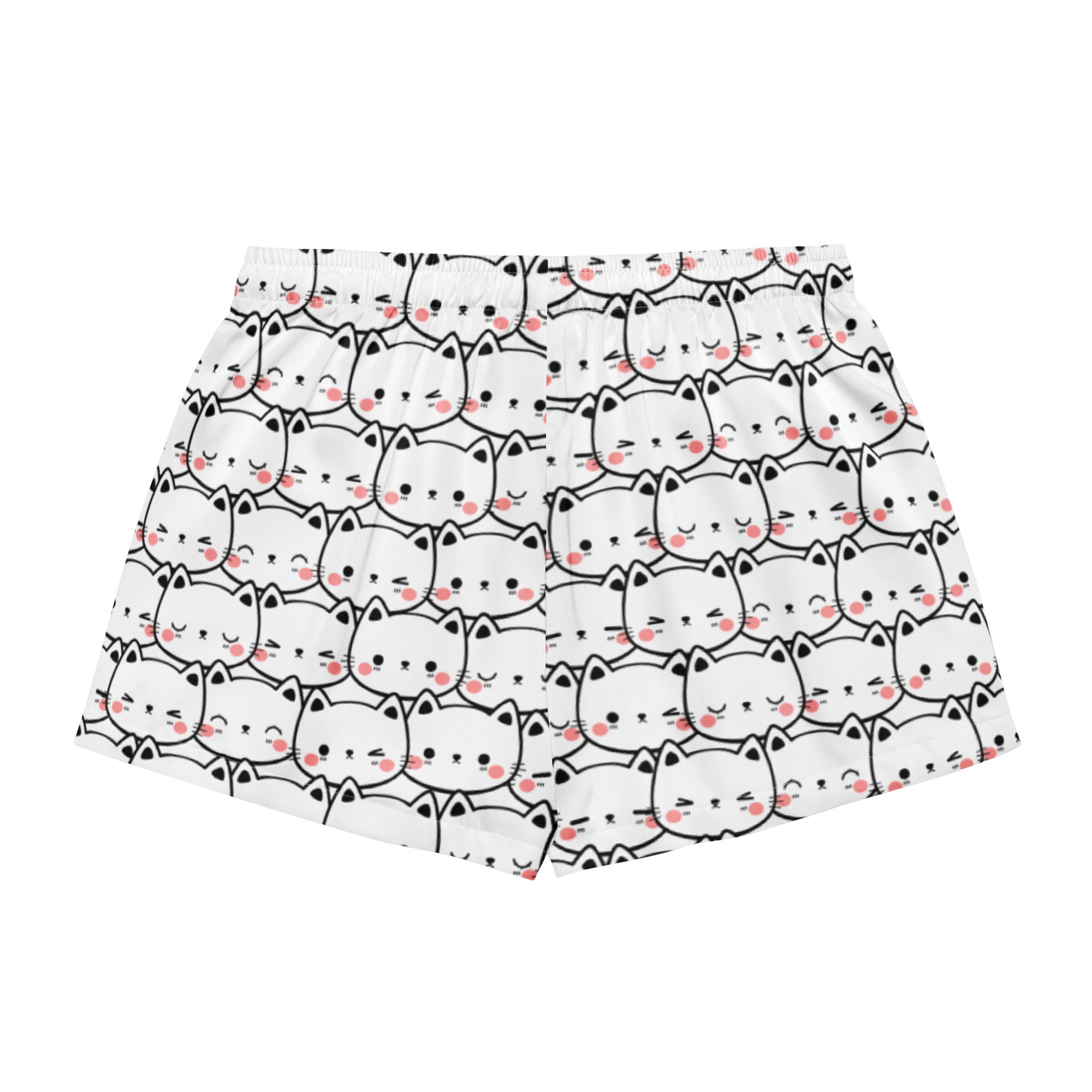 Women’s white silky pajama shorts with black outlined cartoon cats and pink cheeks featuring a drawstring waist