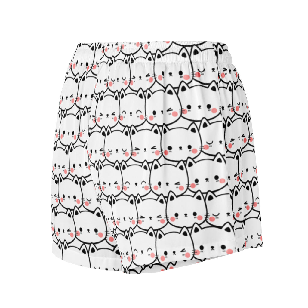 Women’s white silky pajama shorts with playful black outlined cat faces and pink cheeks lightweight relaxed fit