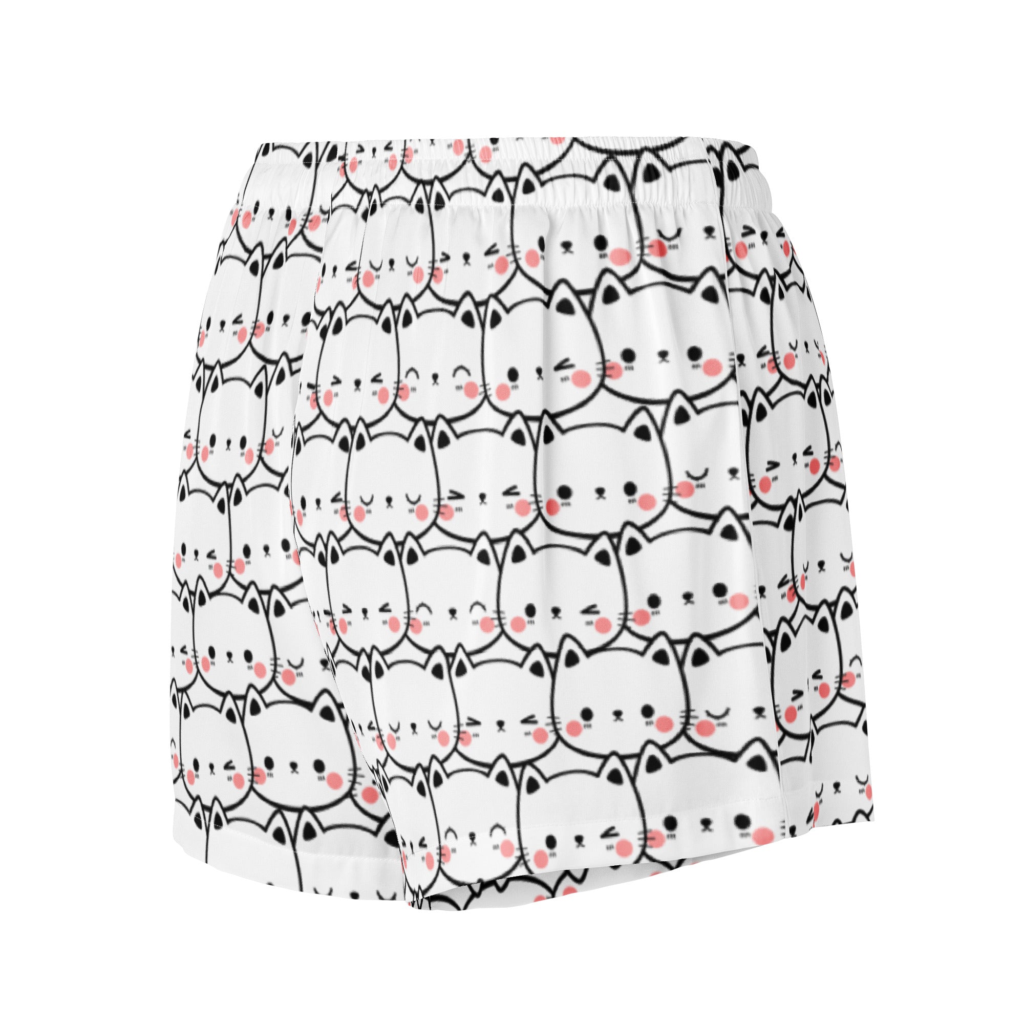 Women’s white silky pajama shorts with playful black outlined cat faces and pink cheeks lightweight relaxed fit