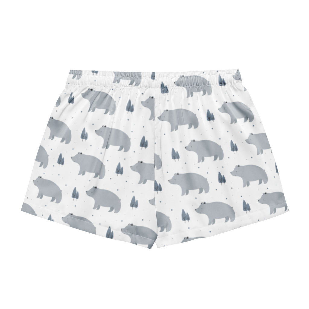 Women’s white silky pajama shorts with a gray bear and tree pattern lightweight relaxed fit with drawstring waist