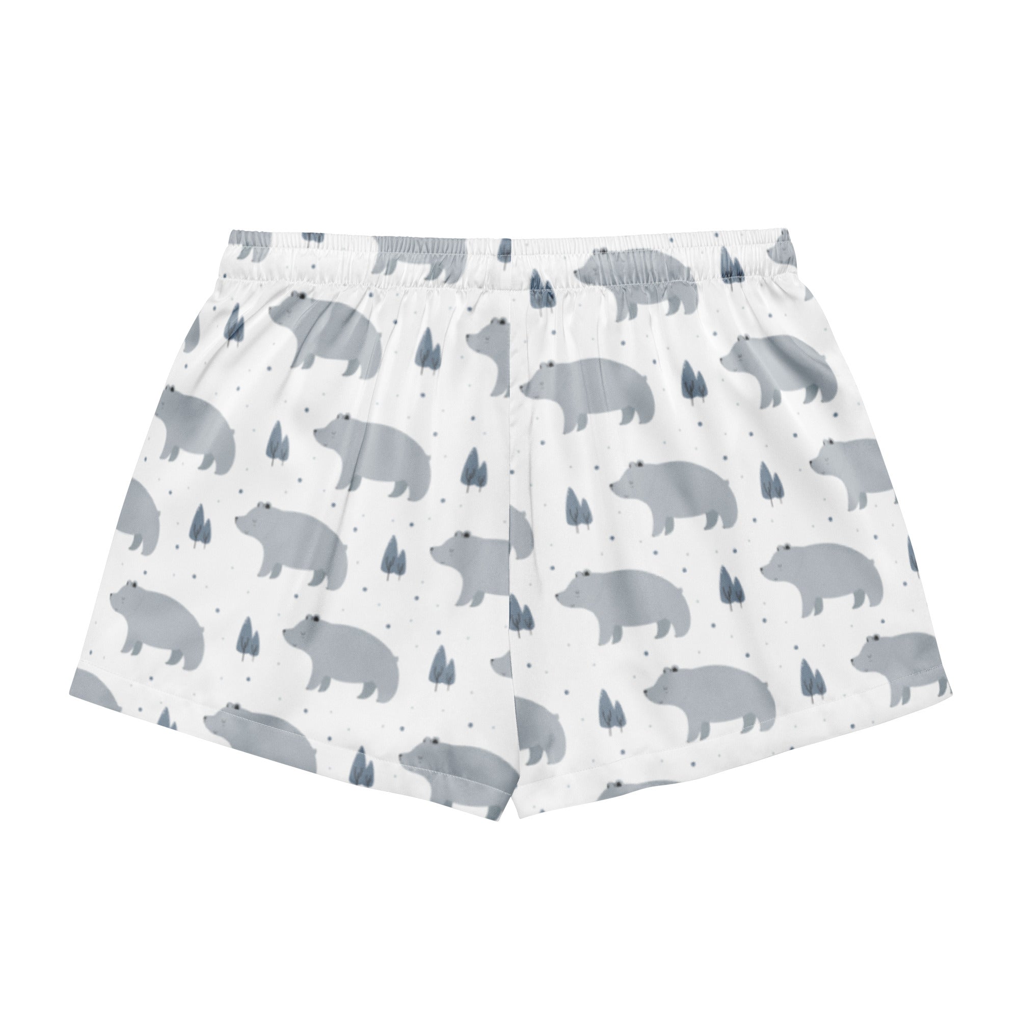 Women’s white silky pajama shorts with a gray bear and tree pattern lightweight relaxed fit with drawstring waist