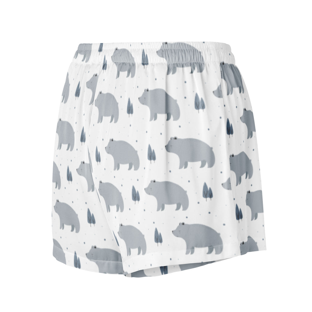 Women’s gray bear silky pajama shorts in white with playful gray bear and dark blue tree pattern lightweight relaxed fit