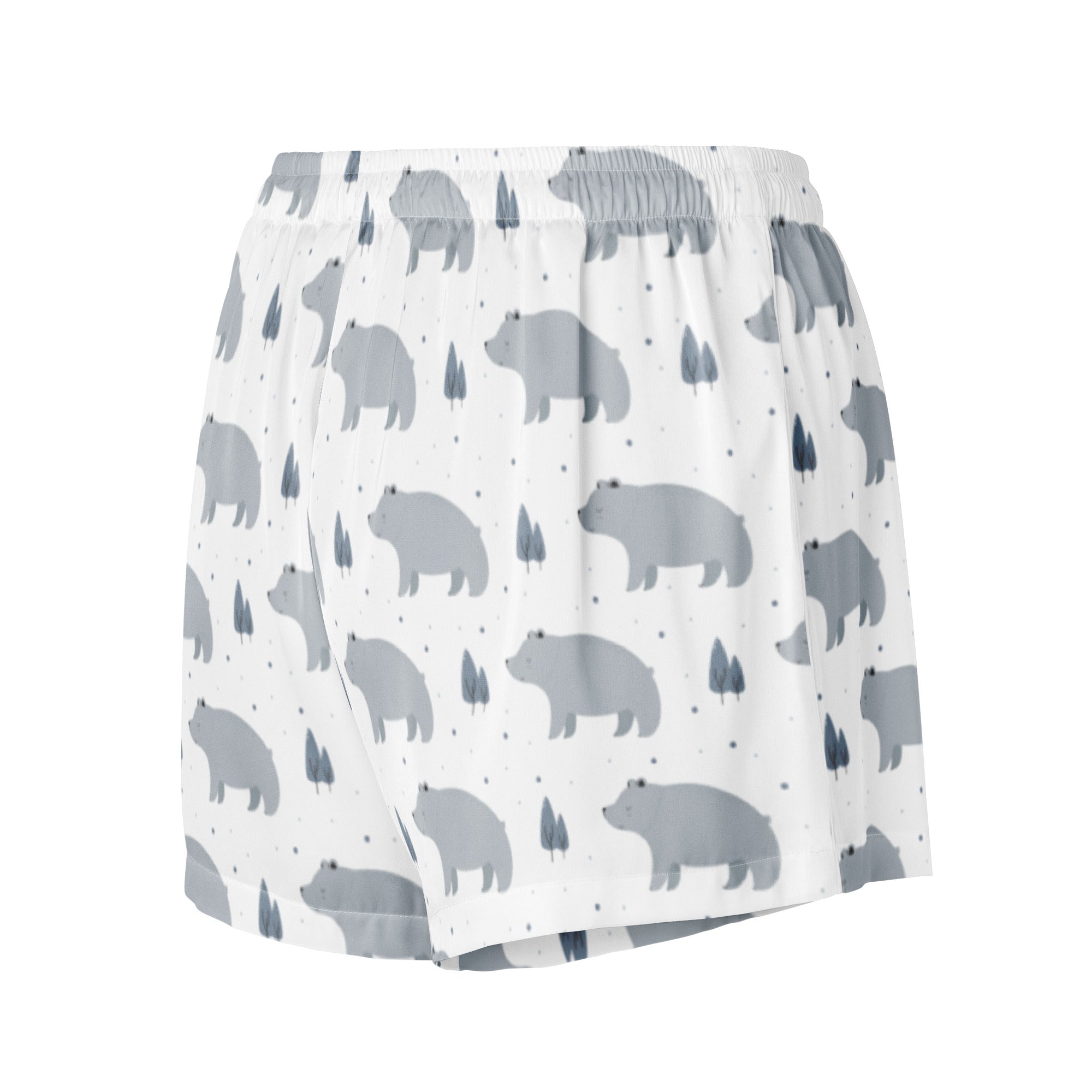 Women’s gray bear silky pajama shorts in white with playful gray bear and dark blue tree pattern lightweight relaxed fit