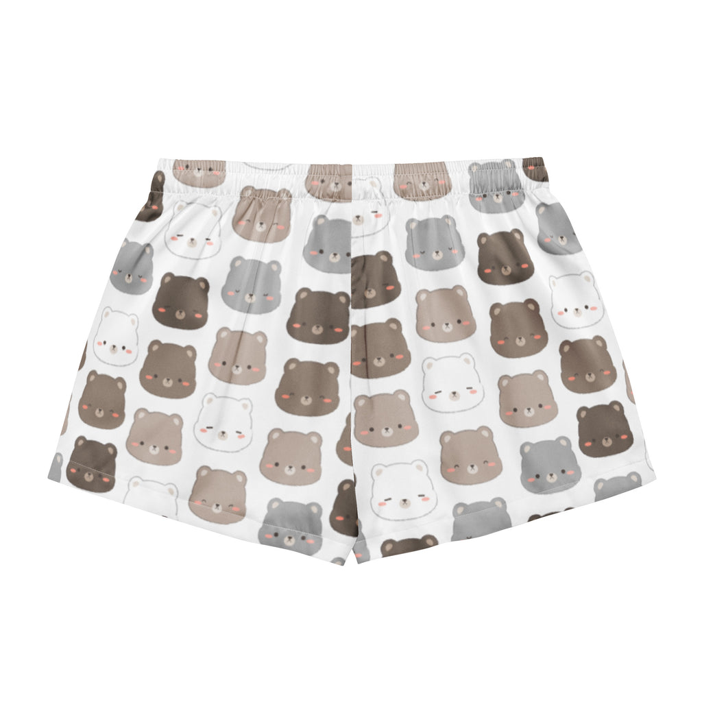 Women’s bear silky pajama shorts in white with playful cartoon bears pattern lightweight relaxed fit with drawstring waist